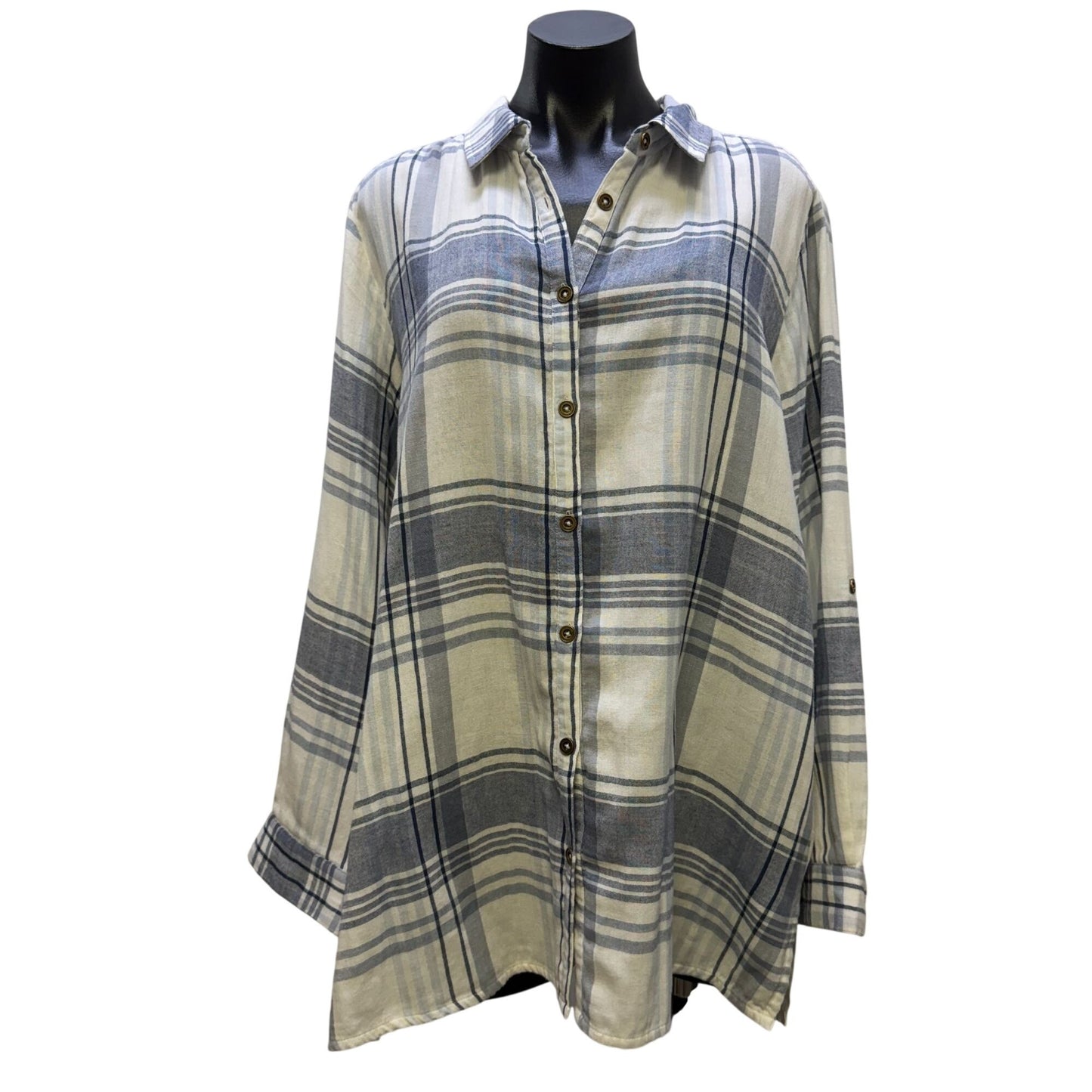 Karyn Seo Plaid Embroidered Button-Up Blouse Blue White XX-Large
