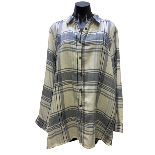 Karyn Seo Plaid Embroidered Button-Up Blouse Blue White XX-Large