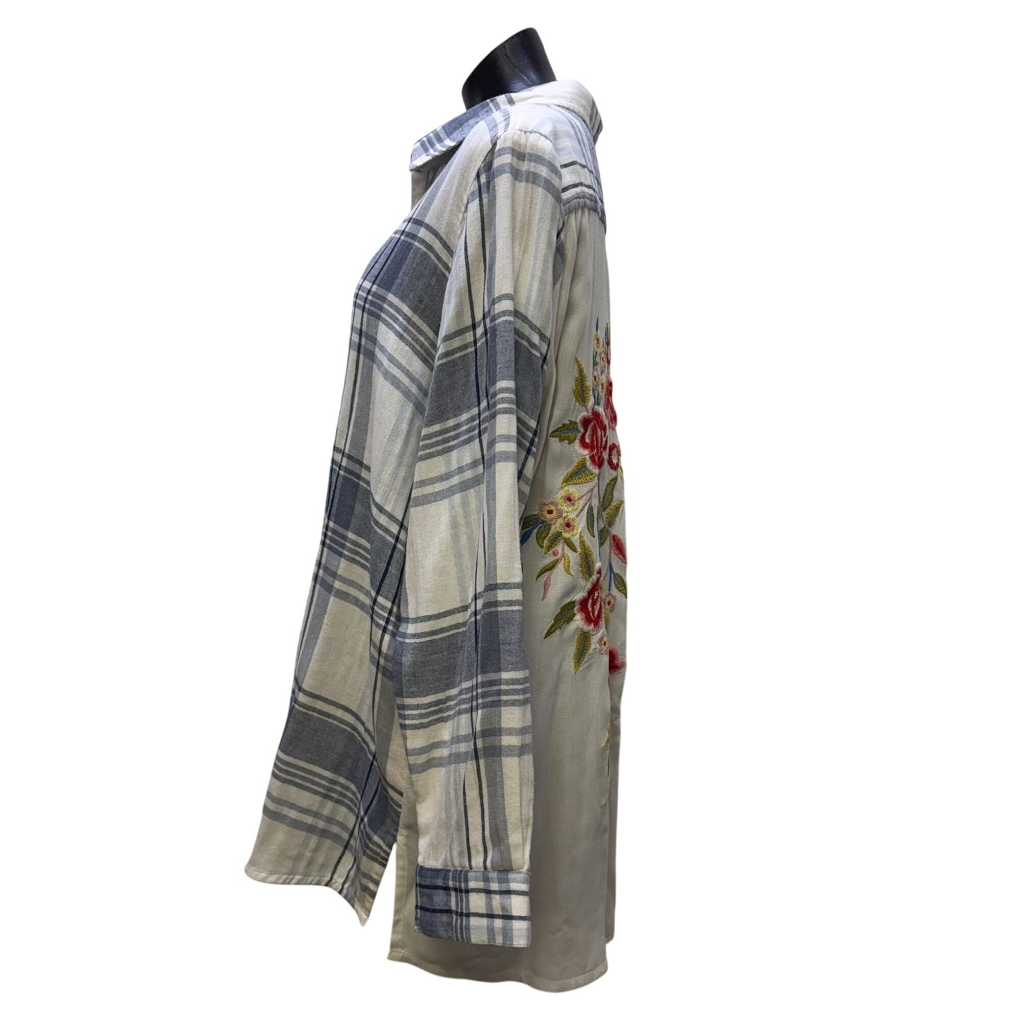 Karyn Seo Plaid Embroidered Button-Up Blouse Blue White XX-Large
