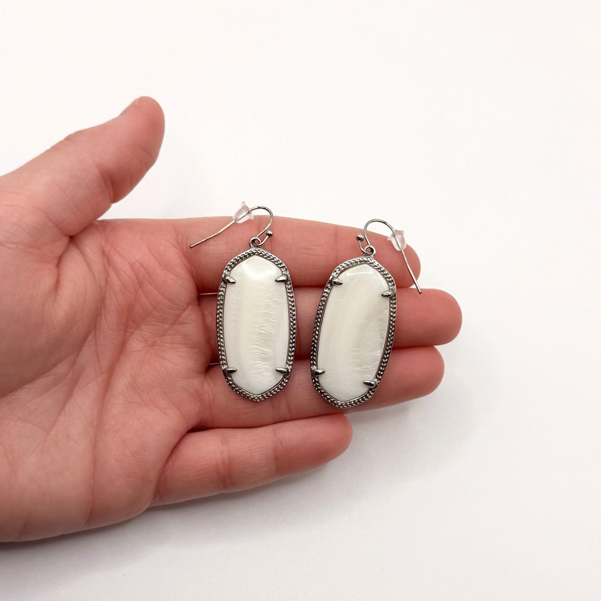 Kendra Scott Silver-Tone Oval Drop Earrings With White Stone Accents