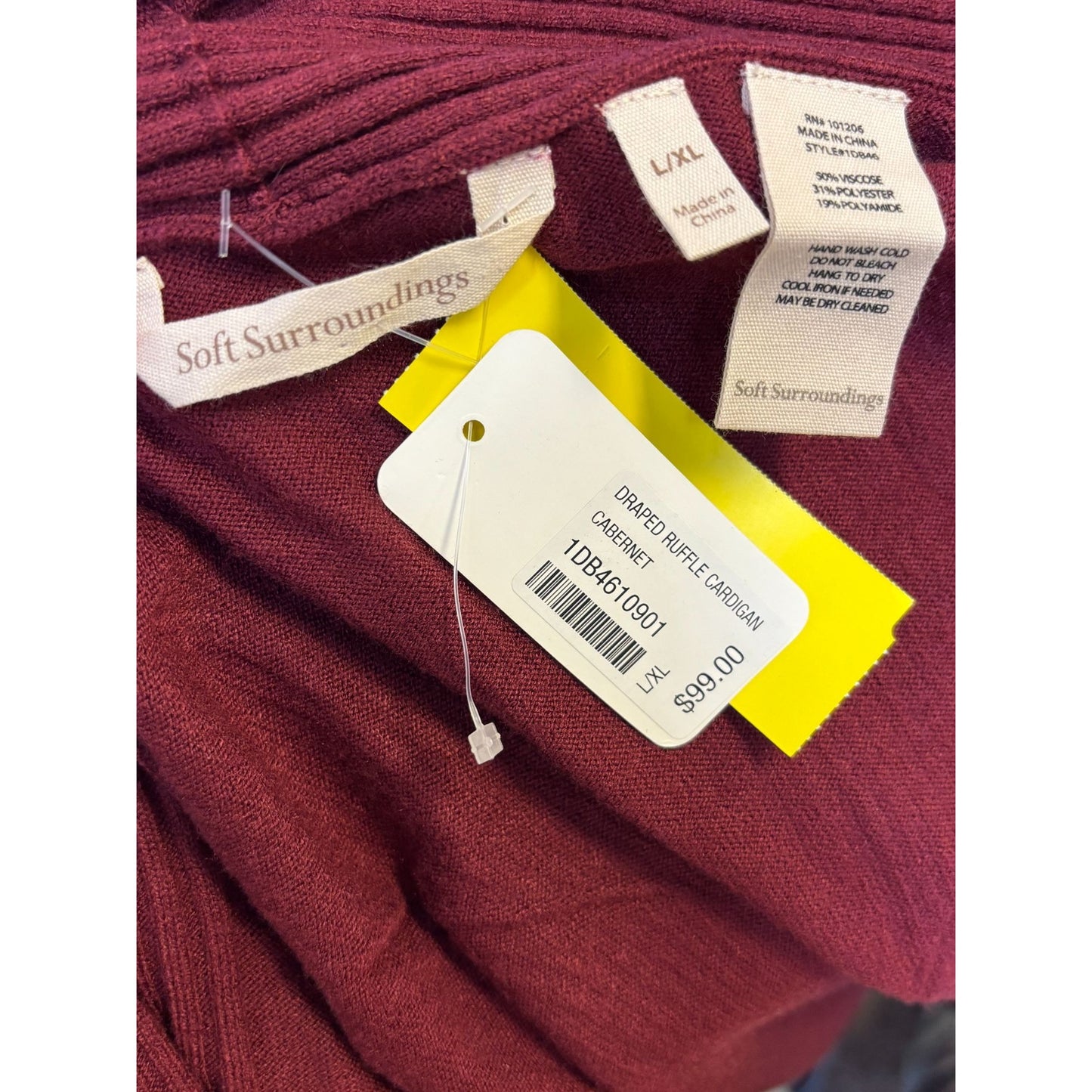 NWT Soft Surroundings Burgundy Draped Ruffle Open Front Cardigan L/XL