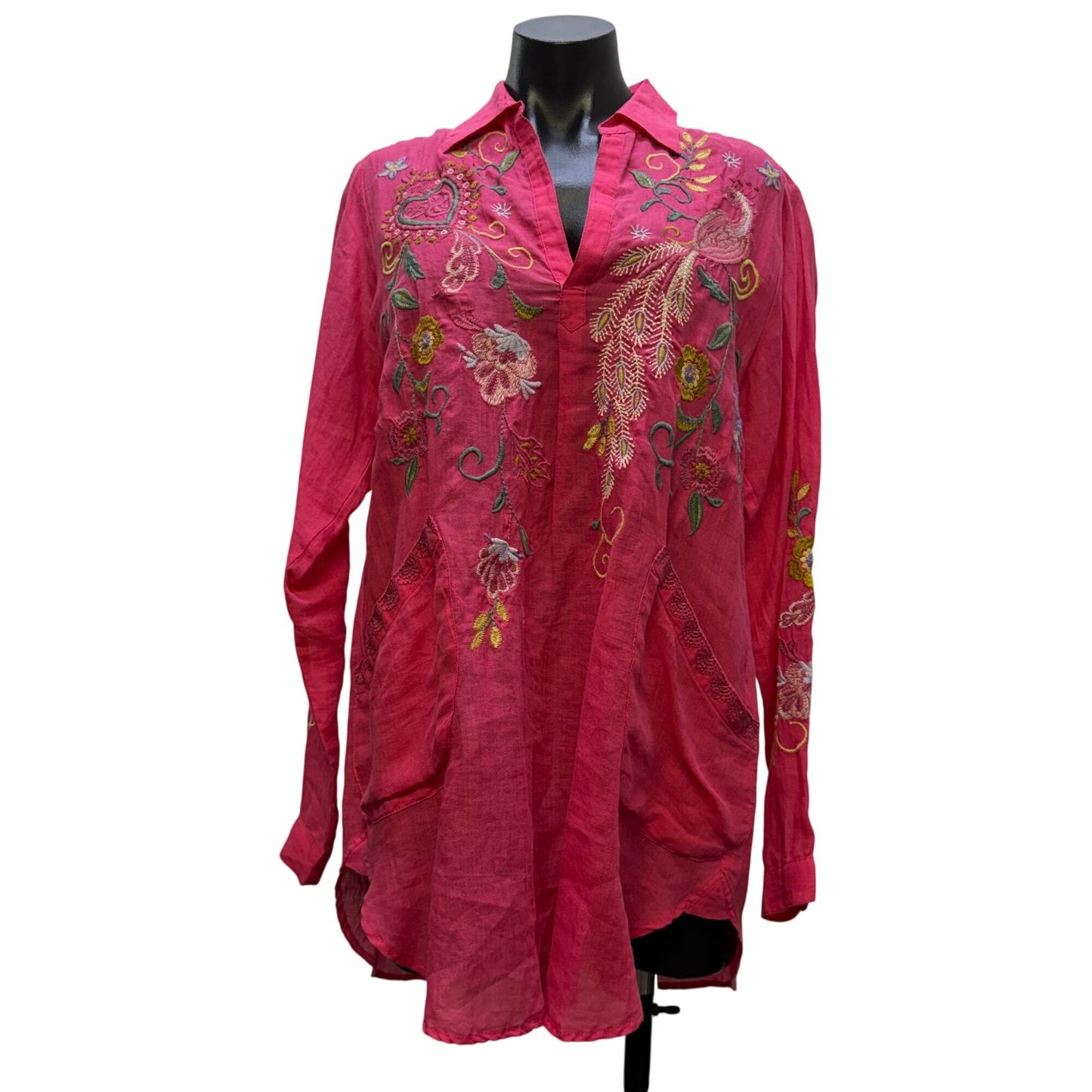 Johnny Was Workshop Pink Embroidered Long Sleeve Blouse S