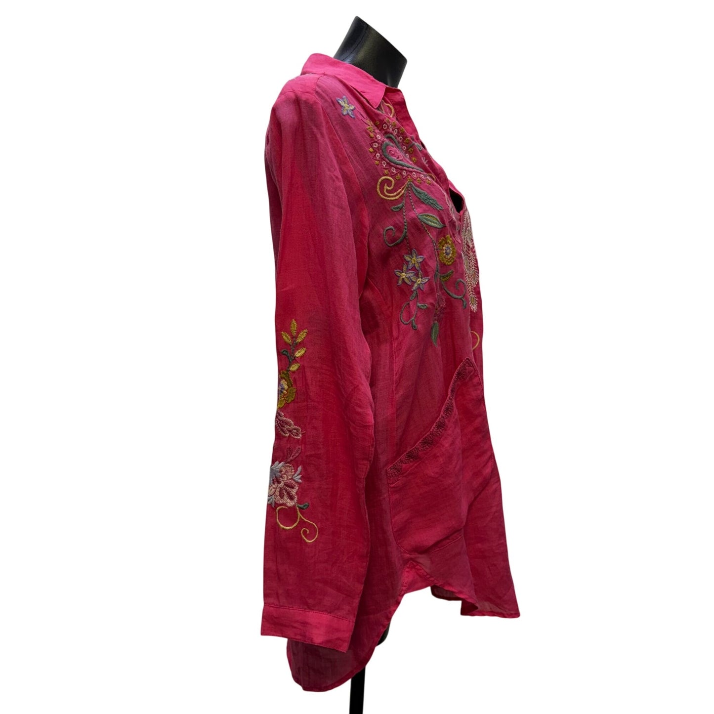 Johnny Was Workshop Pink Embroidered Long Sleeve Blouse S