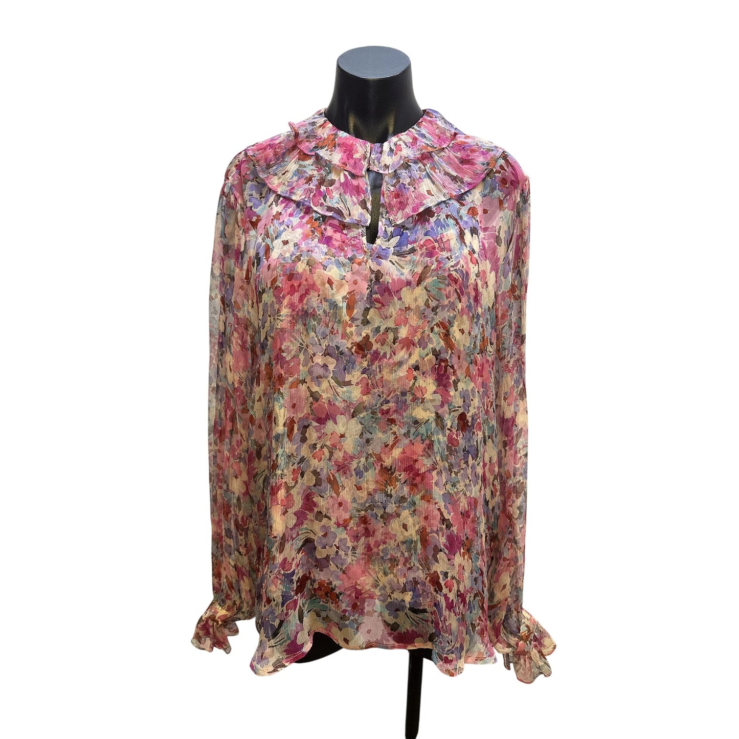NWT Johnny Was Vintage Sheer Floral Pink Blouse w/Ruffled Collar Size L