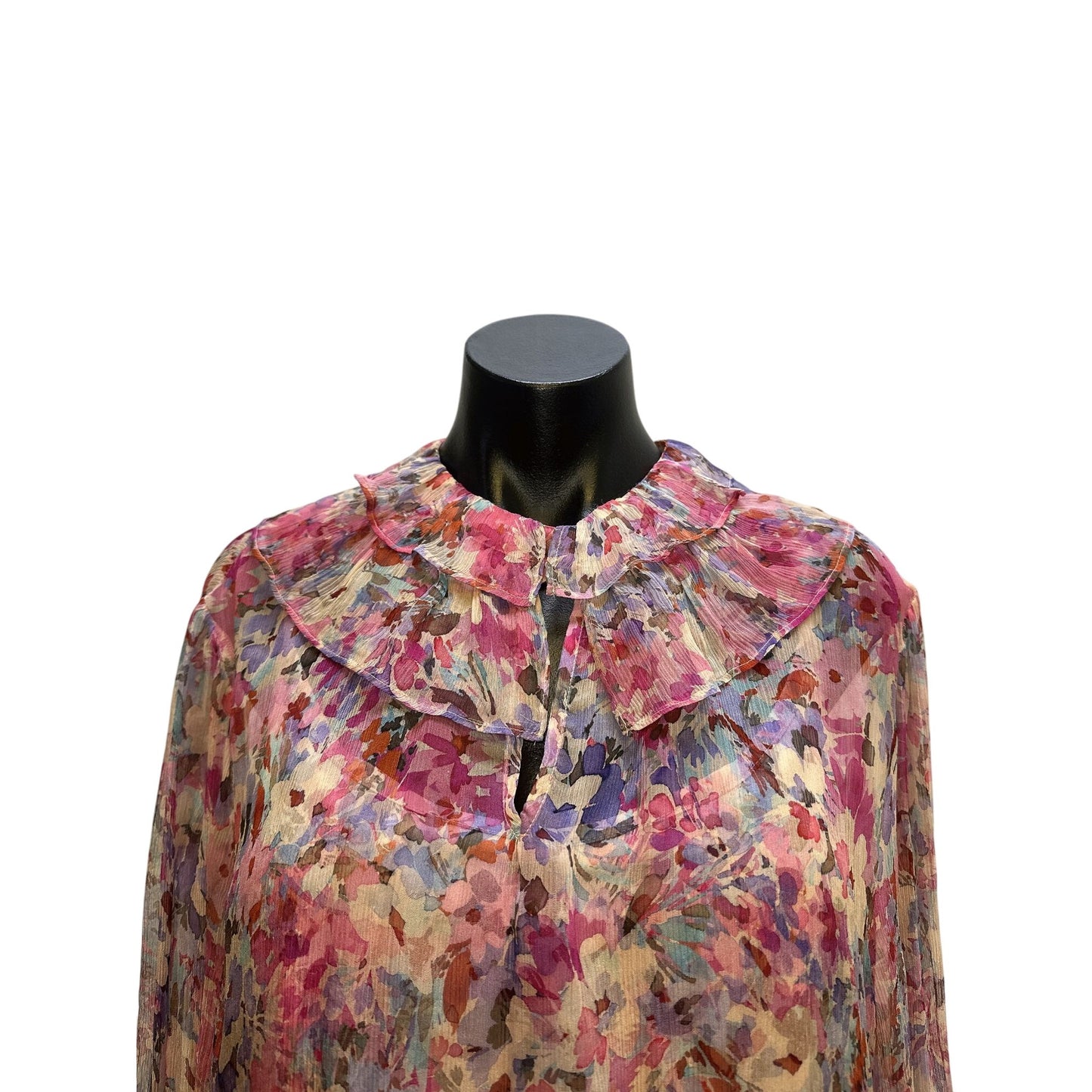 NWT Johnny Was Vintage Sheer Floral Pink Blouse w/Ruffled Collar Size L
