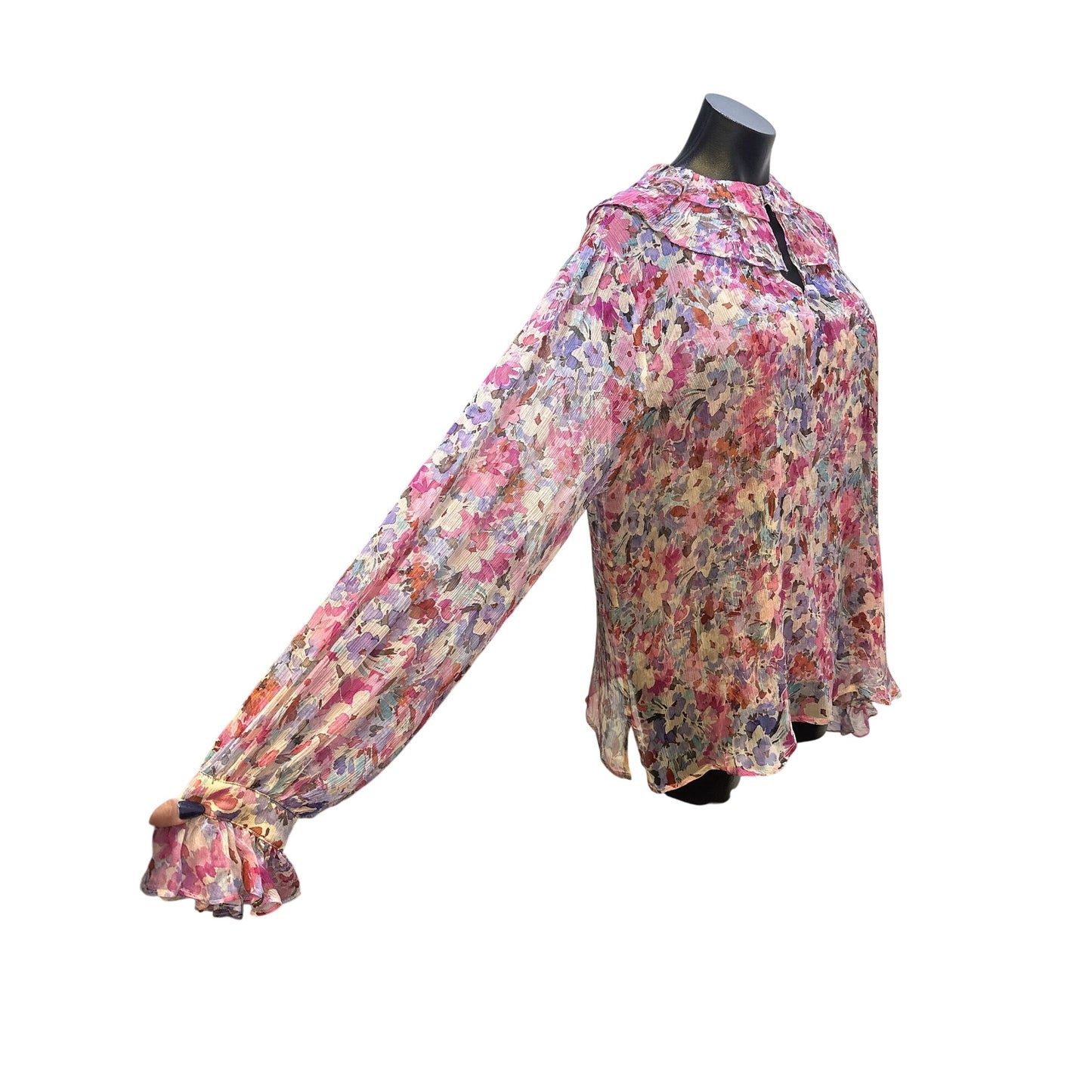 NWT Johnny Was Vintage Sheer Floral Pink Blouse w/Ruffled Collar Size L