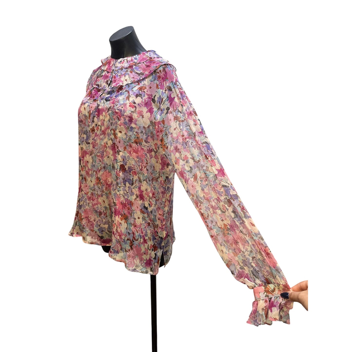 NWT Johnny Was Vintage Sheer Floral Pink Blouse w/Ruffled Collar Size L