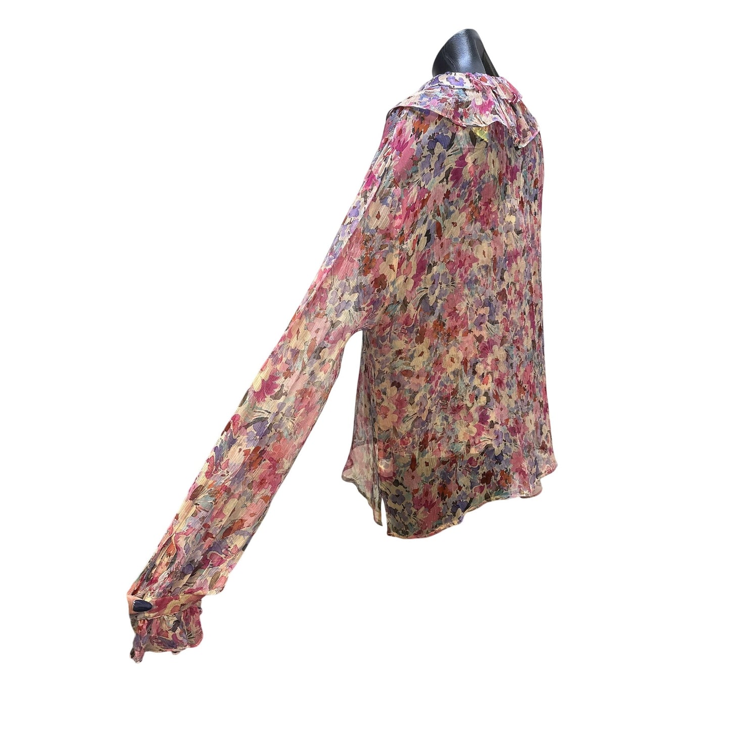 NWT Johnny Was Vintage Sheer Floral Pink Blouse w/Ruffled Collar Size L
