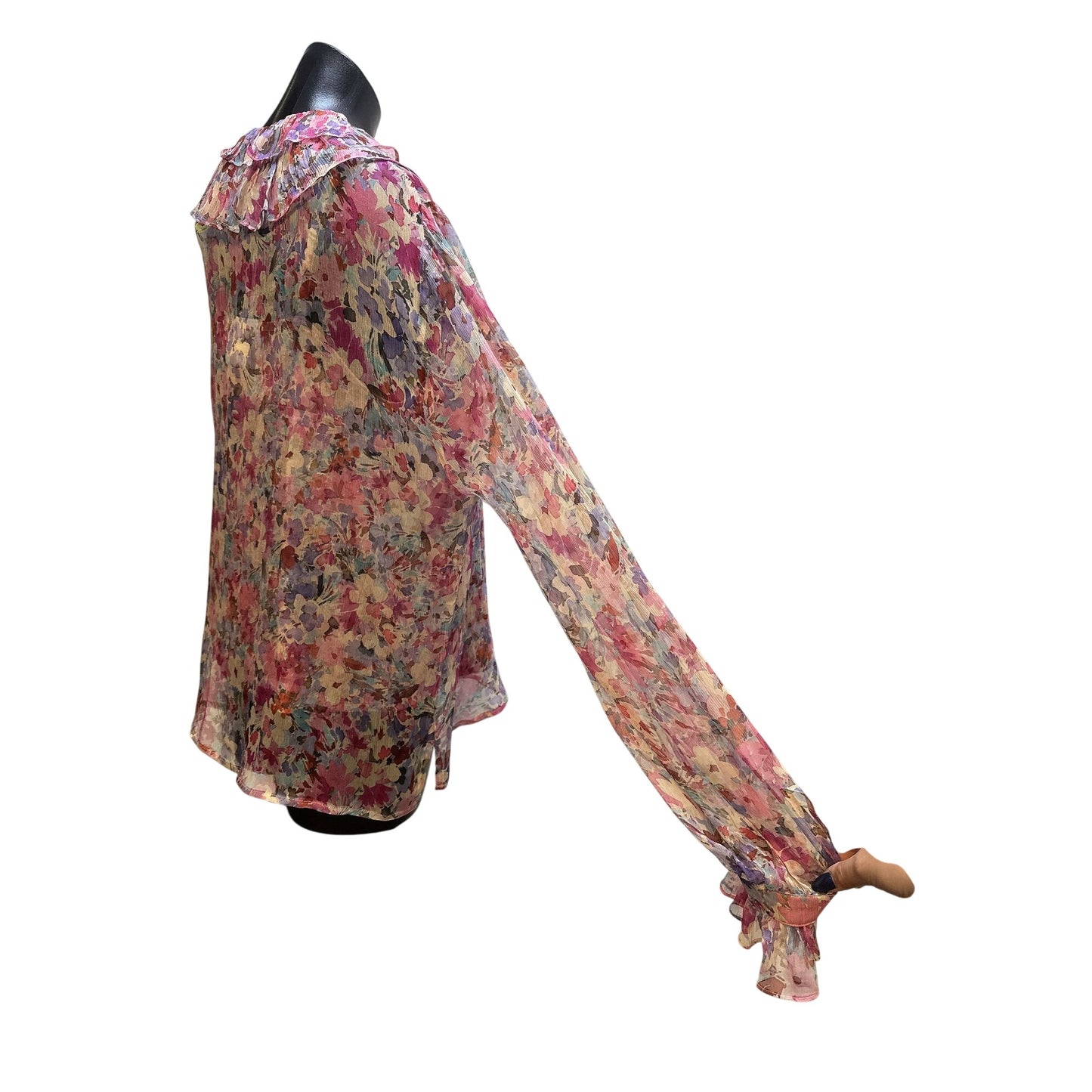 NWT Johnny Was Vintage Sheer Floral Pink Blouse w/Ruffled Collar Size L
