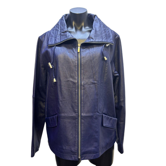 Chico's Navy Leather Zip-Up Jacket With Drawstring Collar Size 3