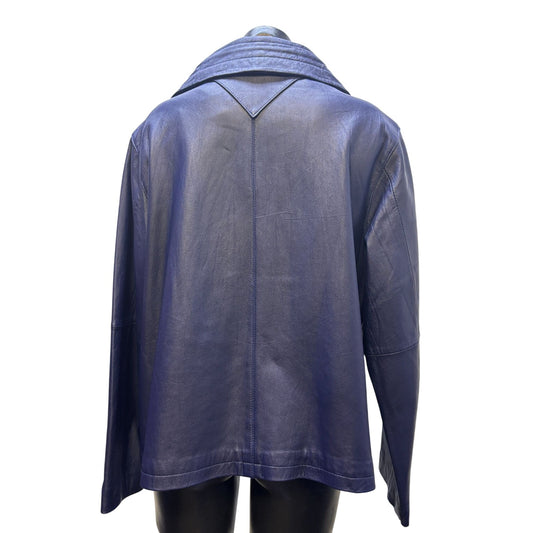 Chico's Navy Leather Zip-Up Jacket With Drawstring Collar Size 3