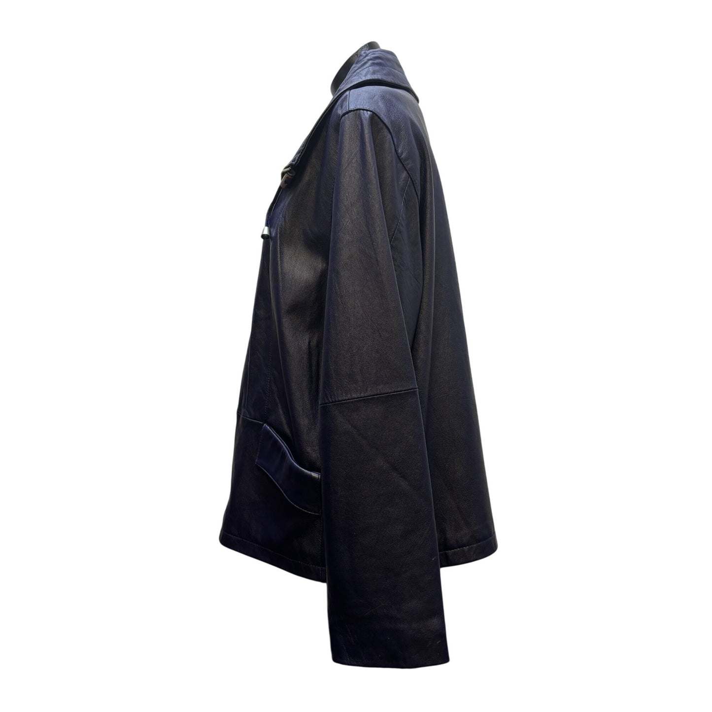 Chico's Navy Leather Zip-Up Jacket With Drawstring Collar Size 3