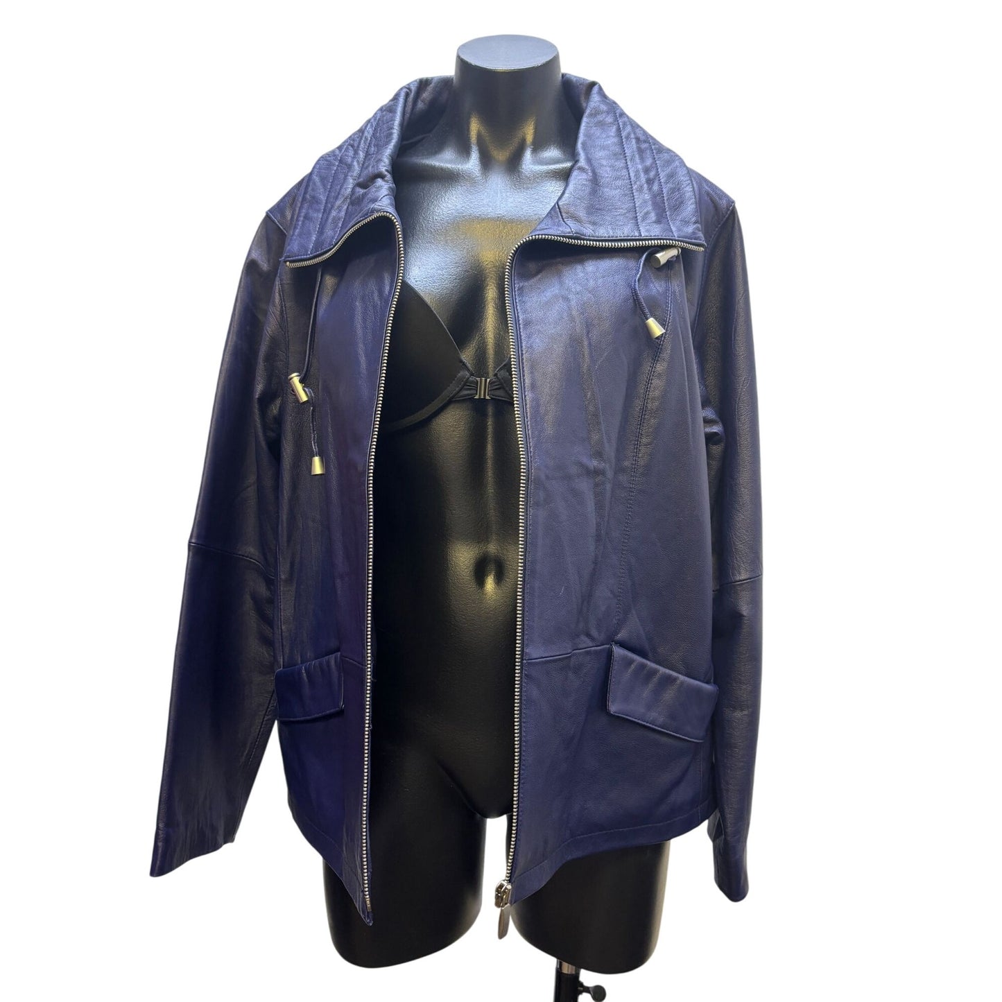Chico's Navy Leather Zip-Up Jacket With Drawstring Collar Size 3