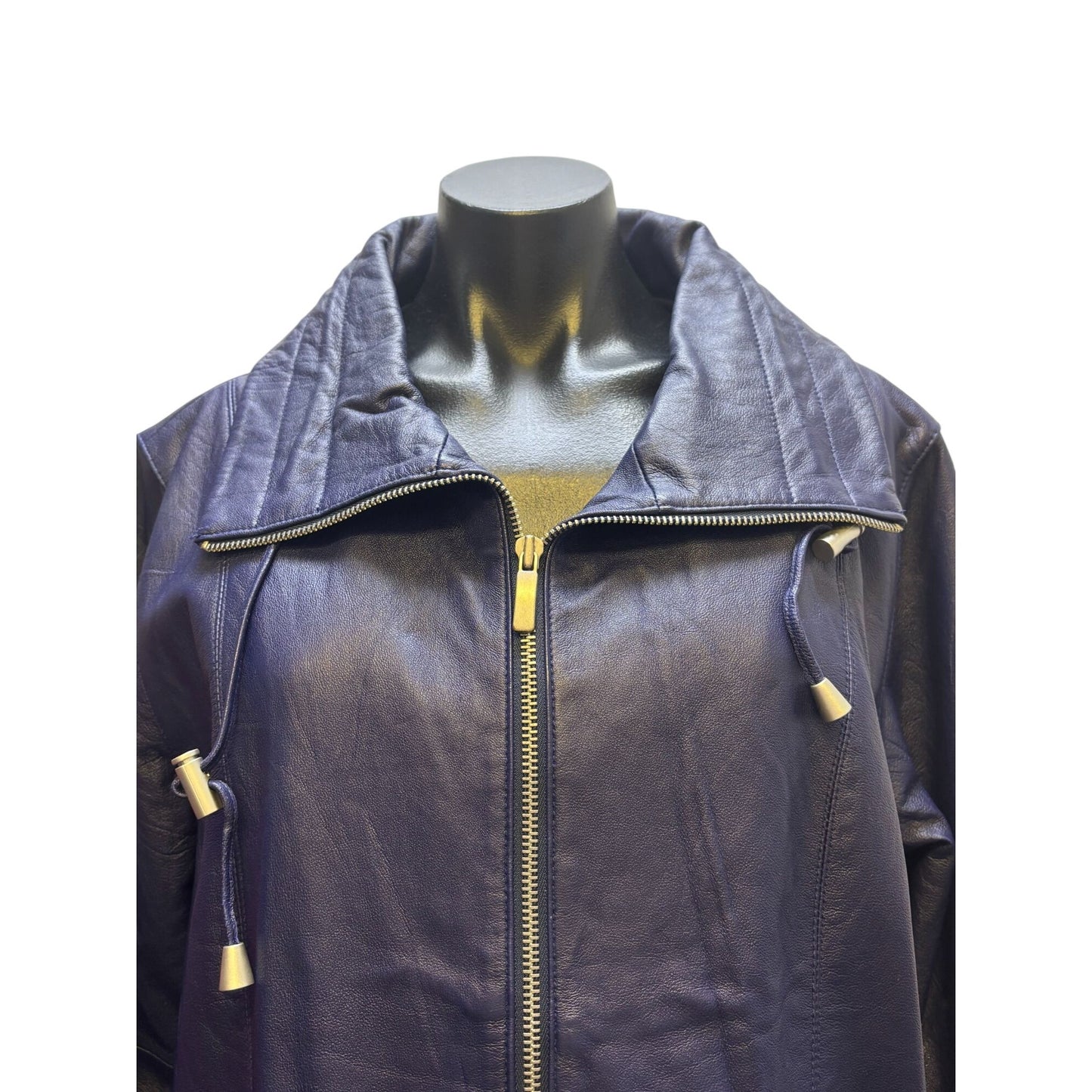 Chico's Navy Leather Zip-Up Jacket With Drawstring Collar Size 3