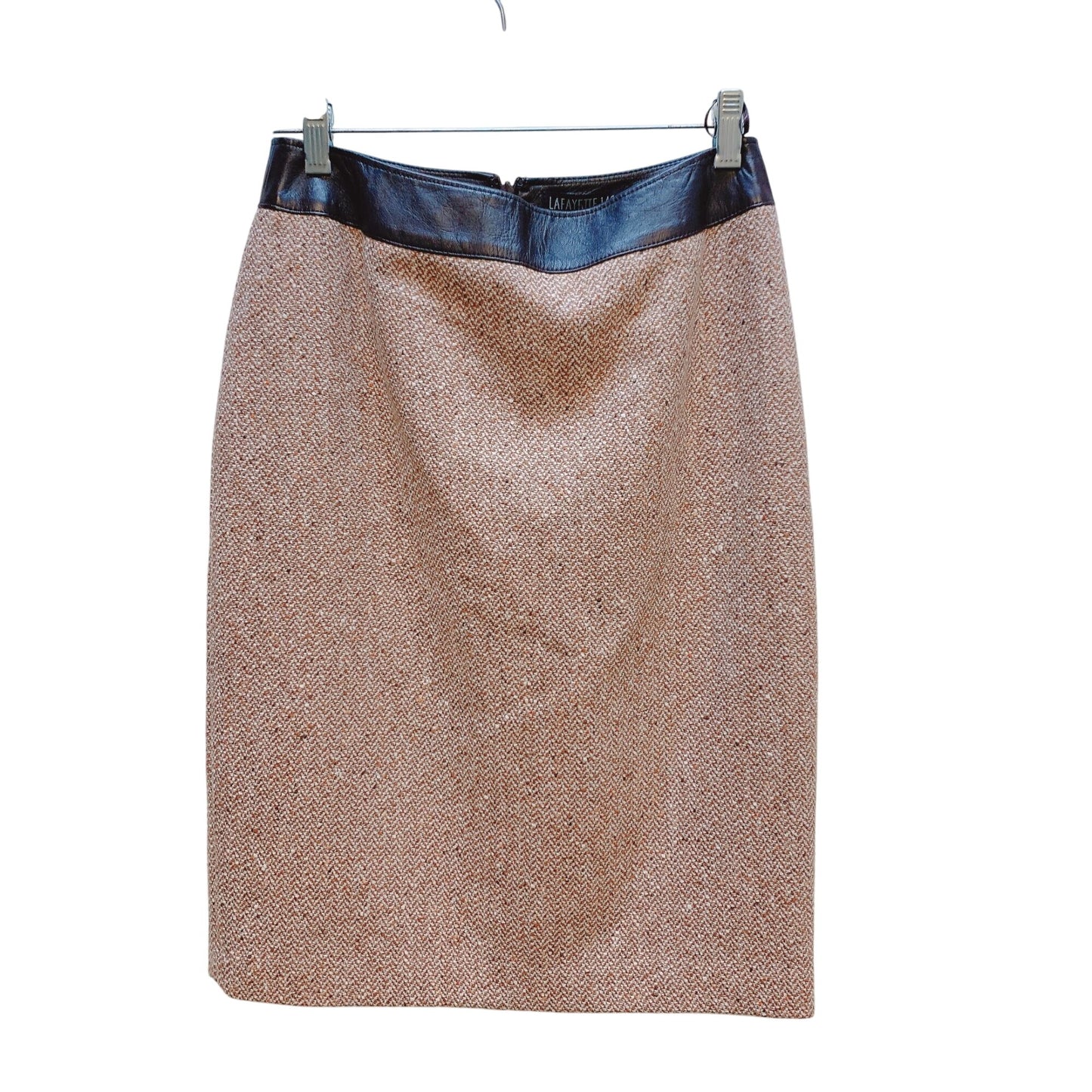 Lafayette 148 NY Tan Brown Tweed Pencil Skirt Faux Leather Waistband 2