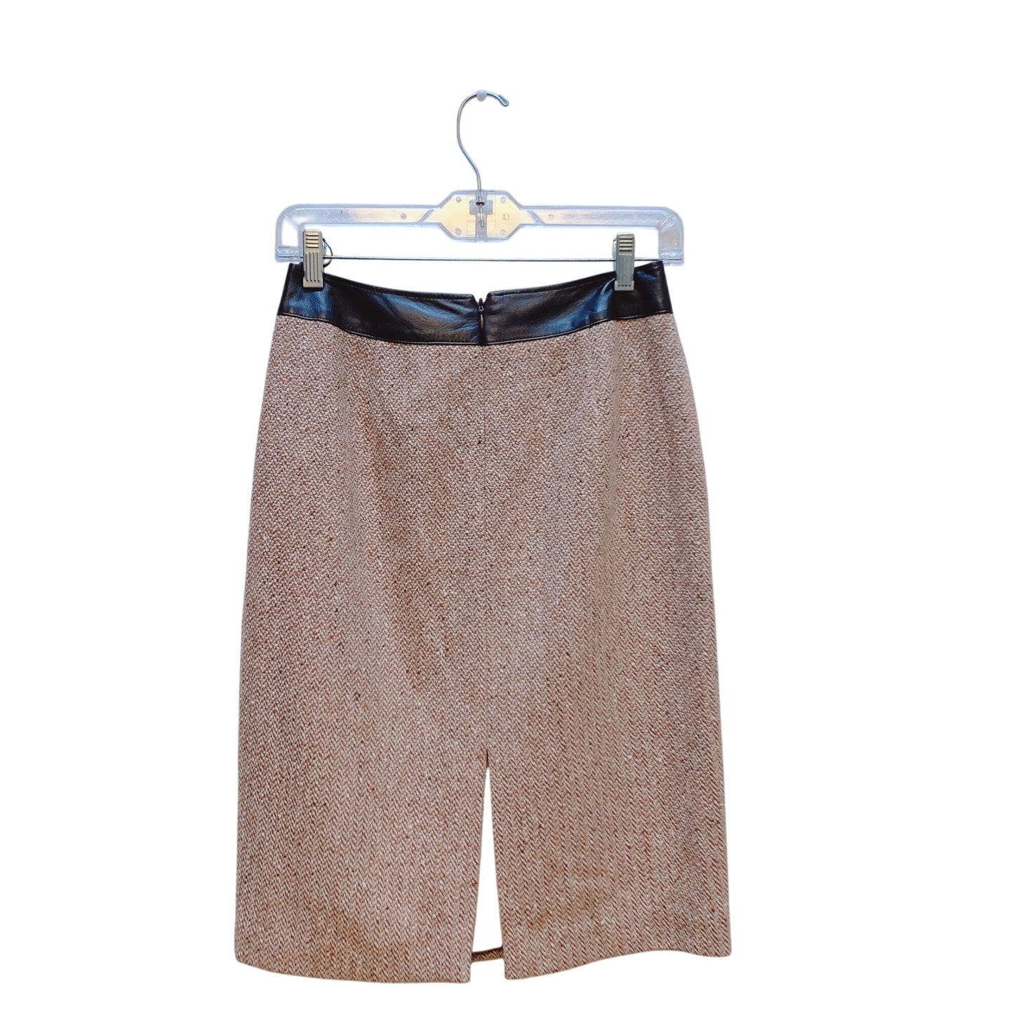 Lafayette 148 NY Tan Brown Tweed Pencil Skirt Faux Leather Waistband 2