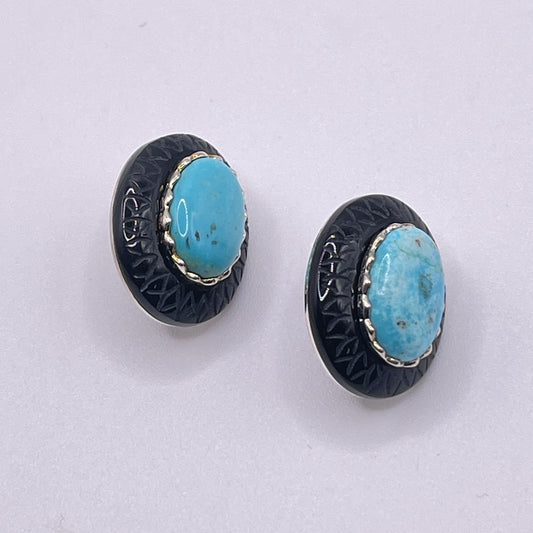 Sterling Silver 925 Turquoise & Carved Onyx Oval Earrings With Butterfly Backs