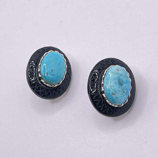 Sterling Silver 925 Turquoise & Carved Onyx Oval Earrings With Butterfly Backs