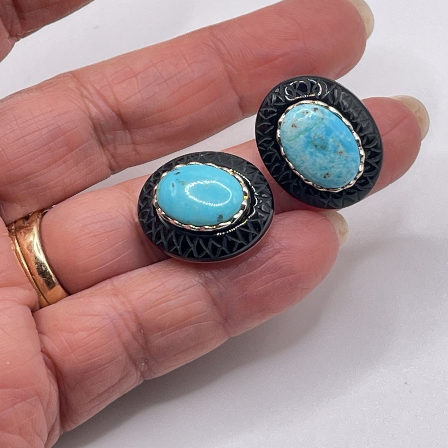 Sterling Silver 925 Turquoise & Carved Onyx Oval Earrings With Butterfly Backs