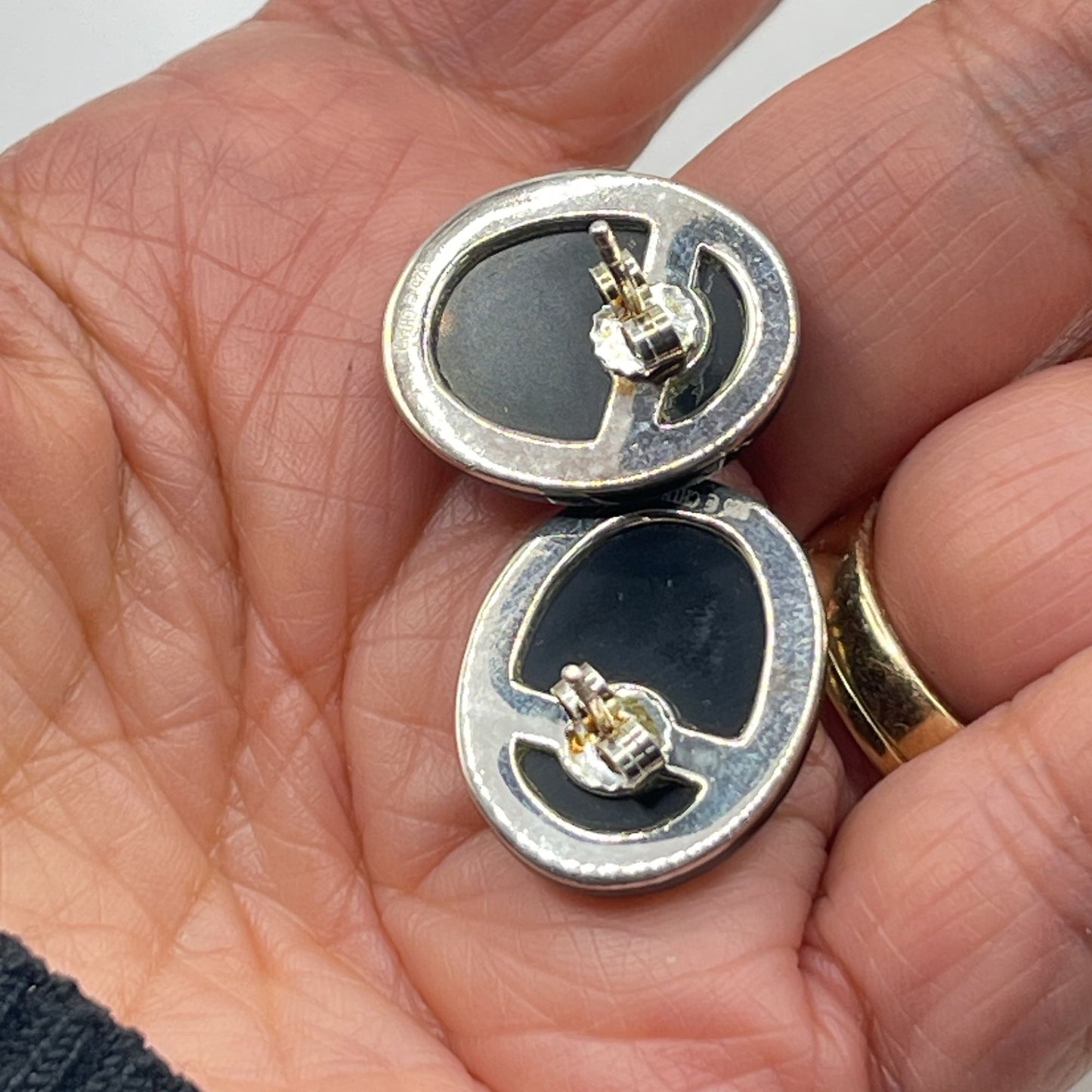 Sterling Silver 925 Turquoise & Carved Onyx Oval Earrings With Butterfly Backs