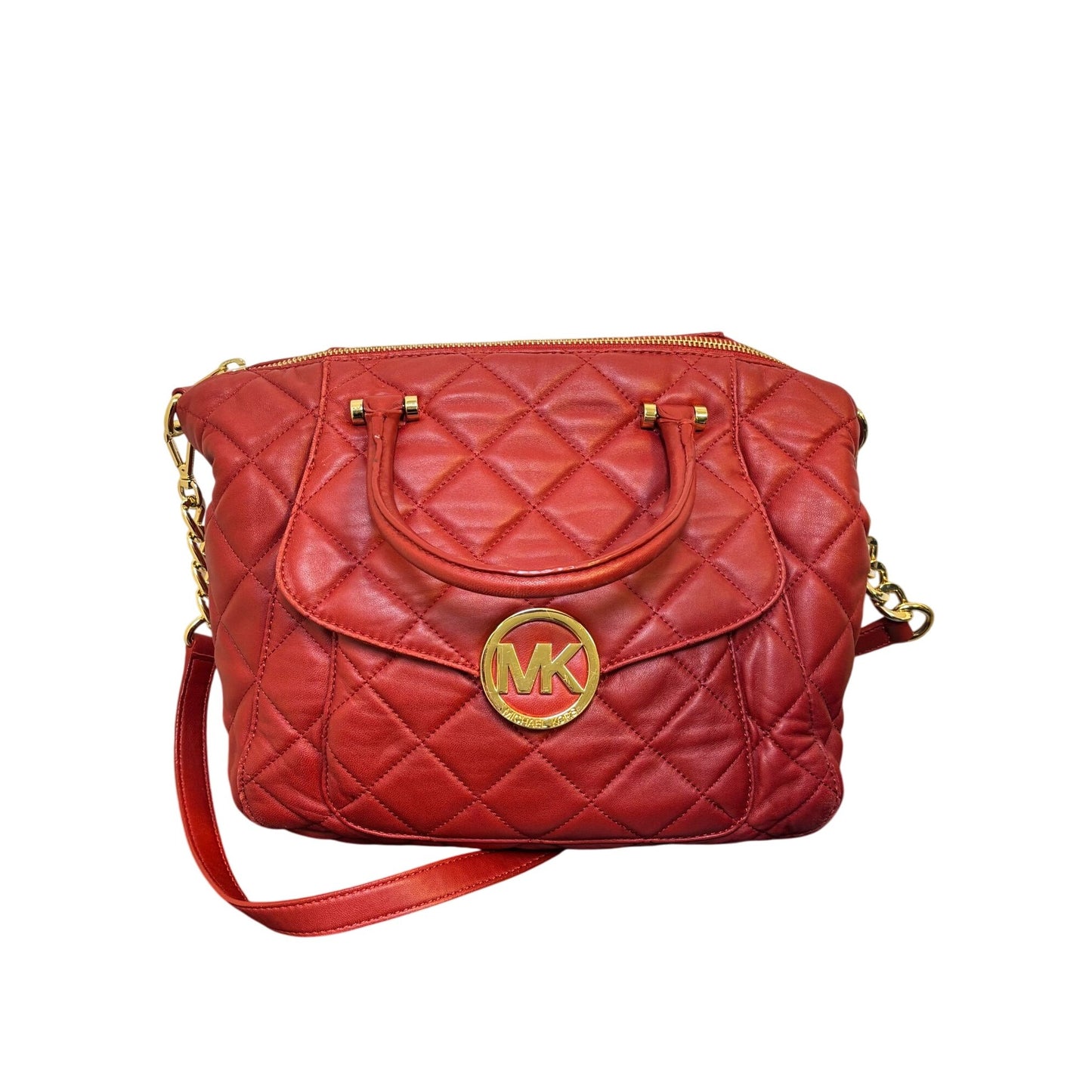 Michael Kors Red Quilted Leather Shoulder Handbag With Gold Chain Strap