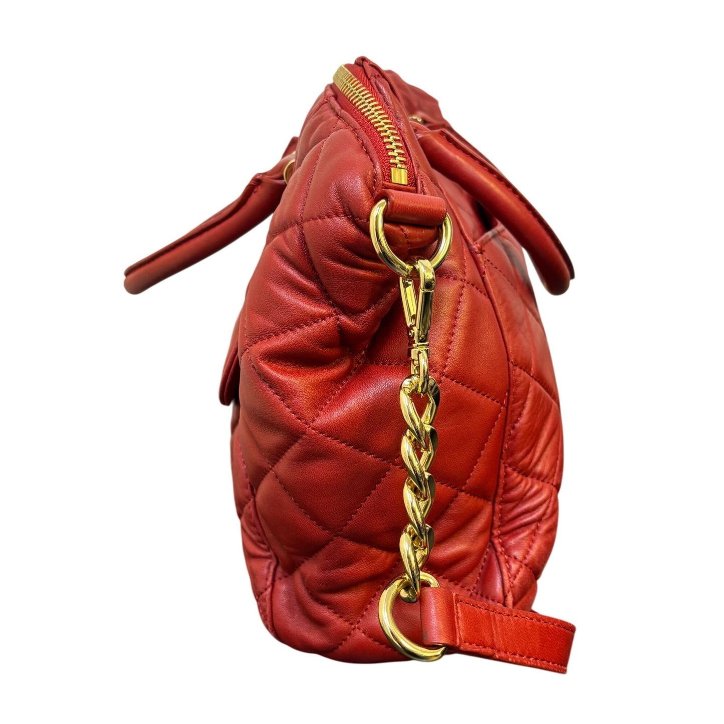 Michael Kors Red Quilted Leather Shoulder Handbag With Gold Chain Strap