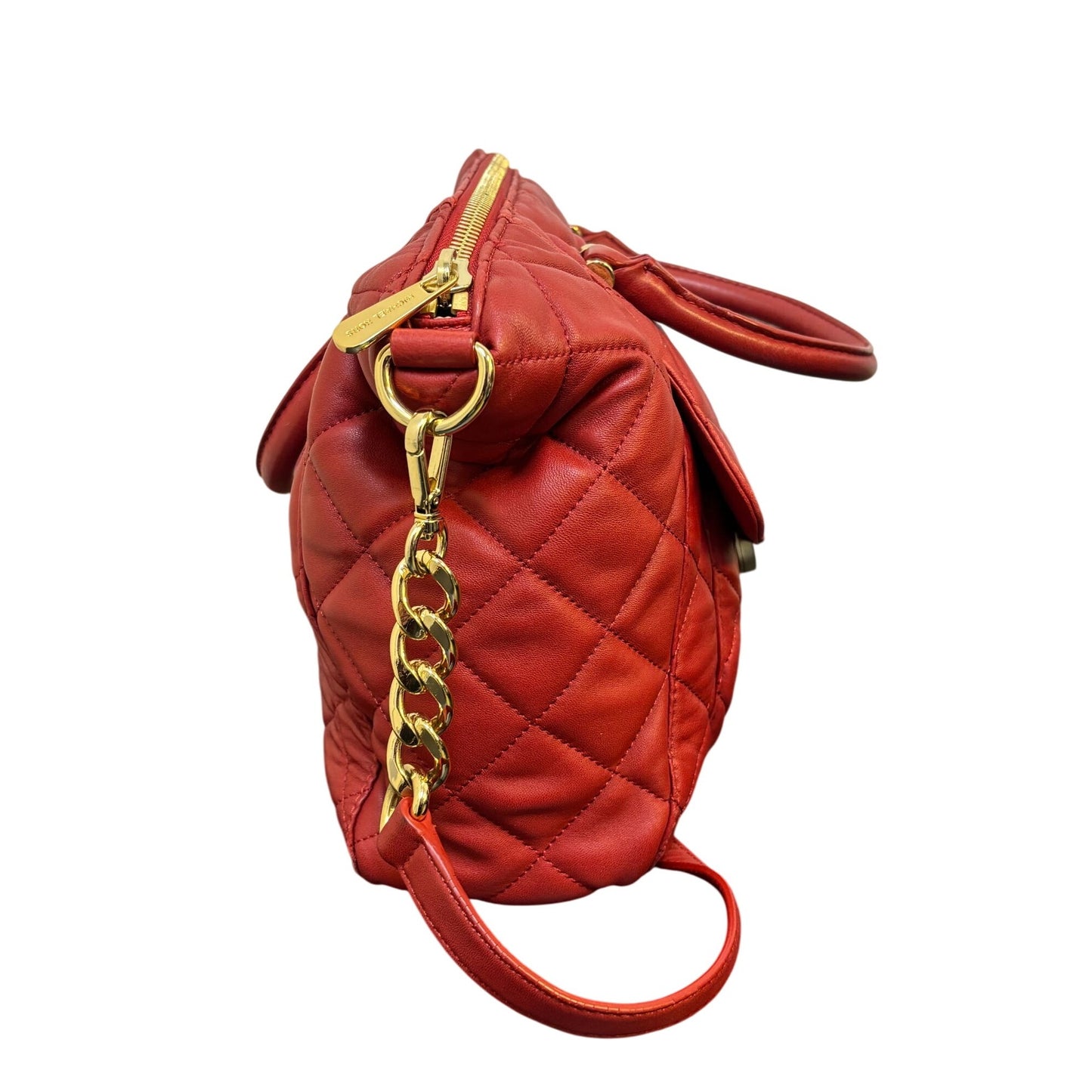 Michael Kors Red Quilted Leather Shoulder Handbag With Gold Chain Strap