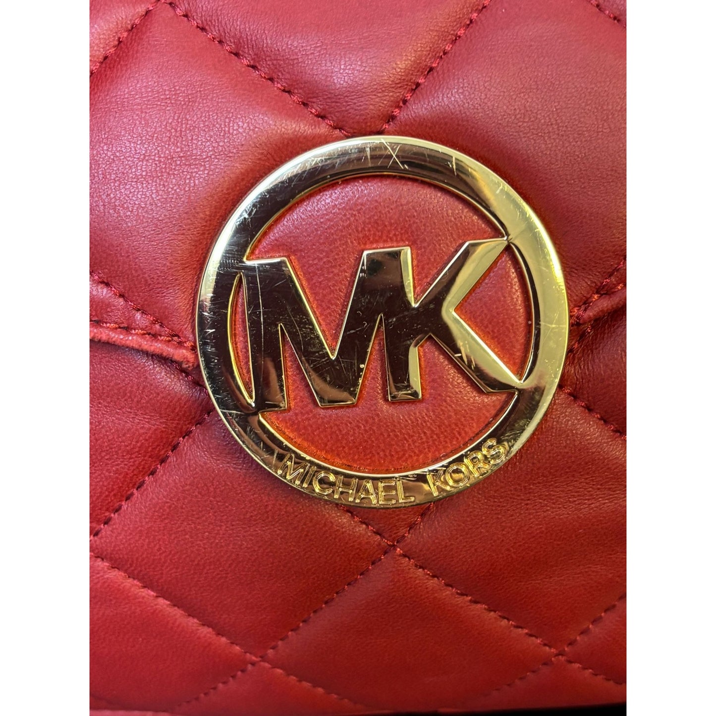 Michael Kors Red Quilted Leather Shoulder Handbag With Gold Chain Strap