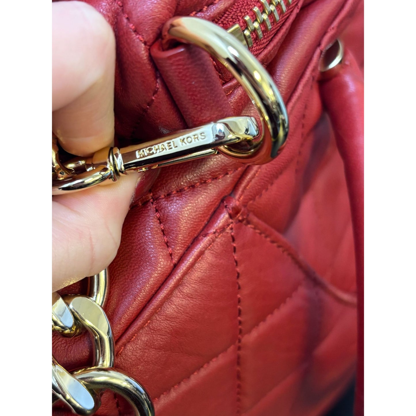 Michael Kors Red Quilted Leather Shoulder Handbag With Gold Chain Strap