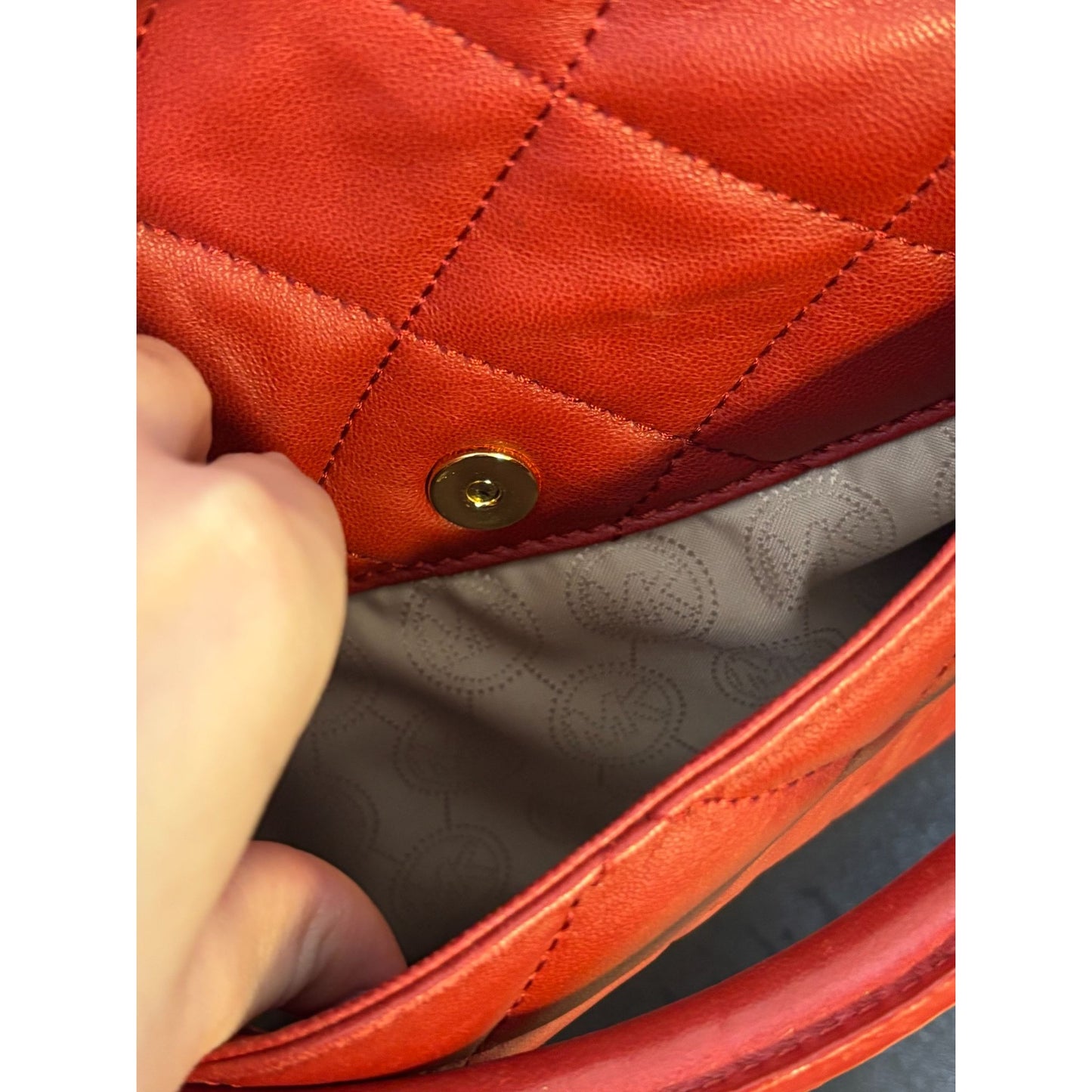 Michael Kors Red Quilted Leather Shoulder Handbag With Gold Chain Strap