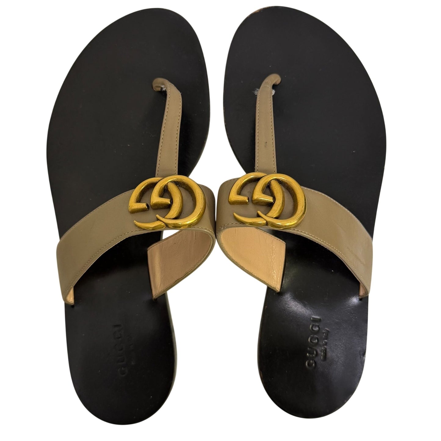 Gucci Tan Leather GG Logo Sandals Size 38 EU/8 US Black Sole