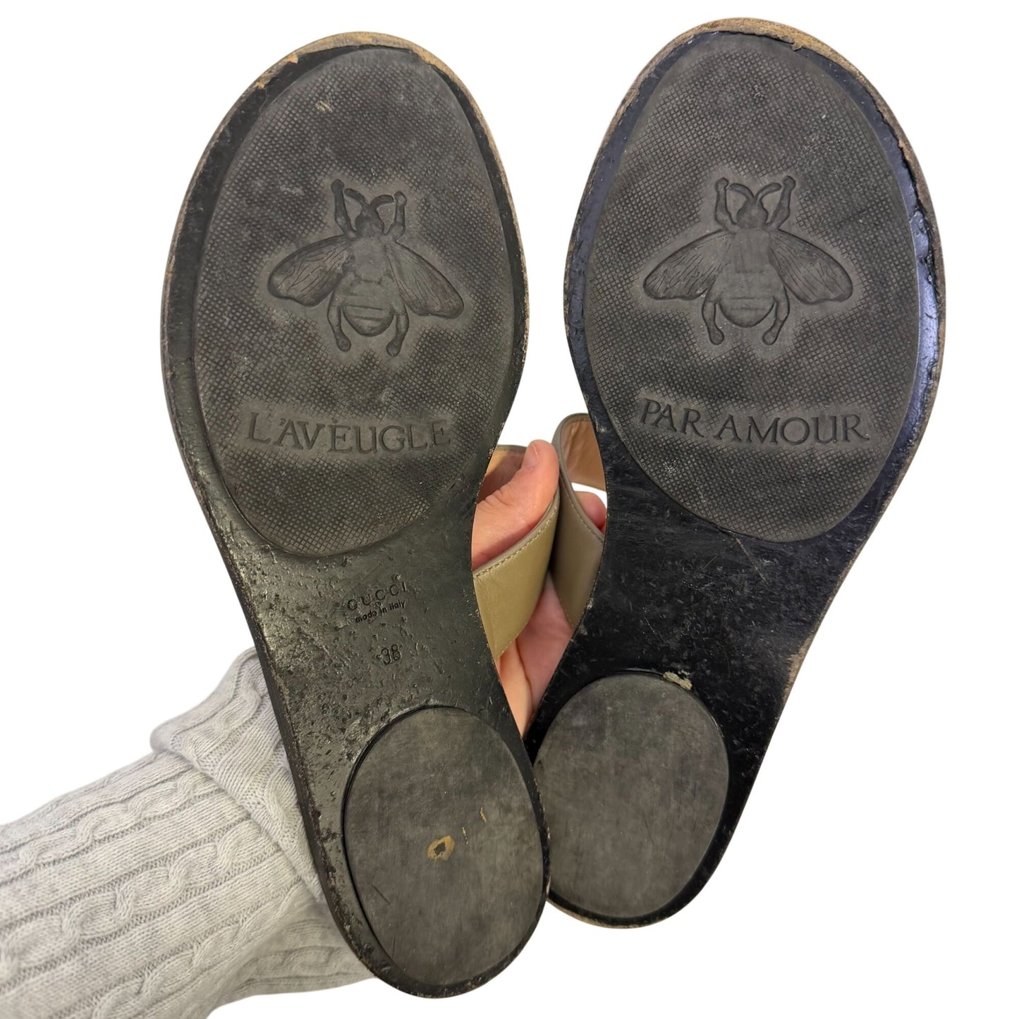 Gucci Tan Leather GG Logo Sandals Size 38 EU/8 US Black Sole