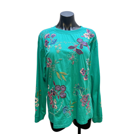 Johnny Was Teal Long Sleeve Floral Embroidered Top w/Inspirational Quotes Size XL