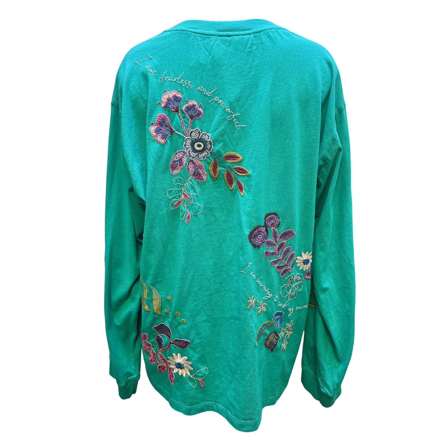 Johnny Was Teal Long Sleeve Floral Embroidered Top w/Inspirational Quotes Size XL