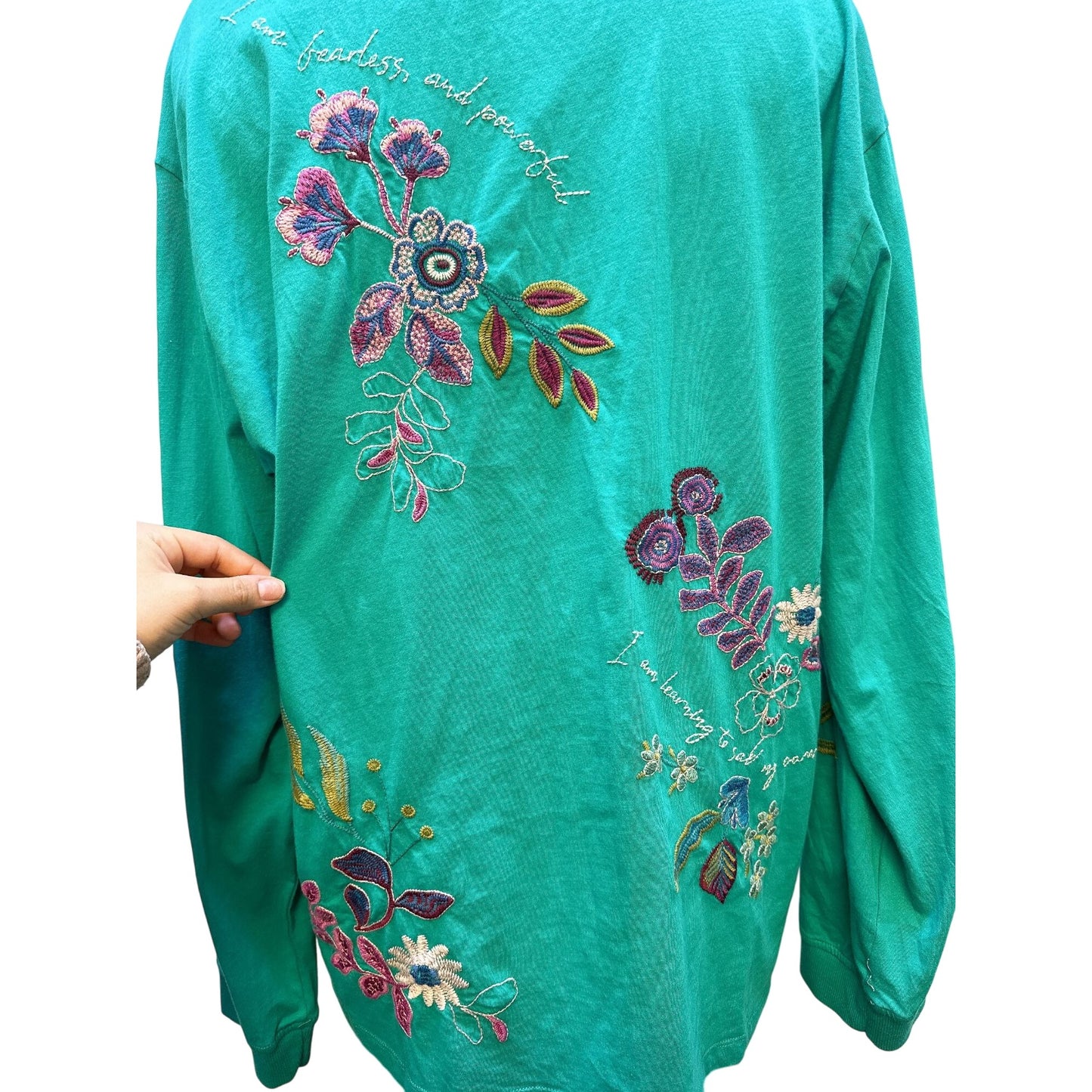 Johnny Was Teal Long Sleeve Floral Embroidered Top w/Inspirational Quotes Size XL