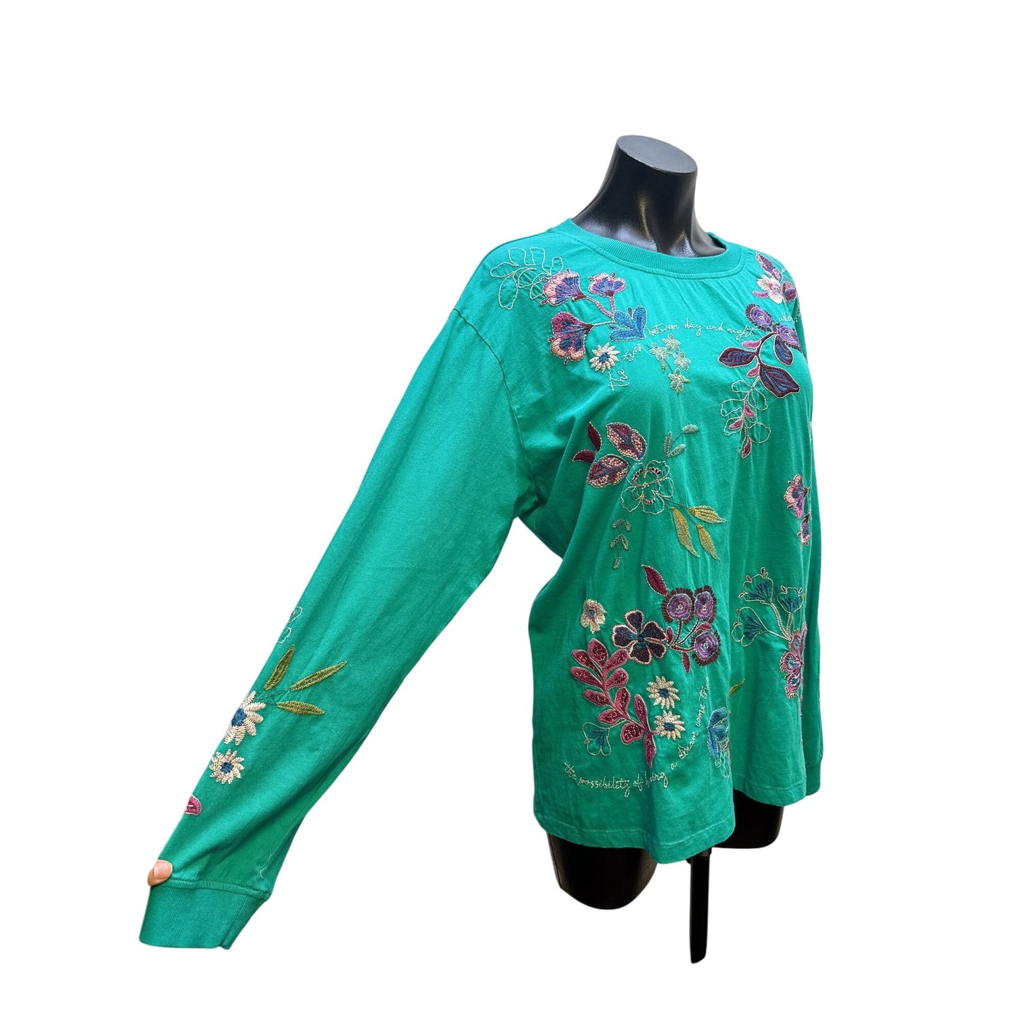 Johnny Was Teal Long Sleeve Floral Embroidered Top w/Inspirational Quotes Size XL