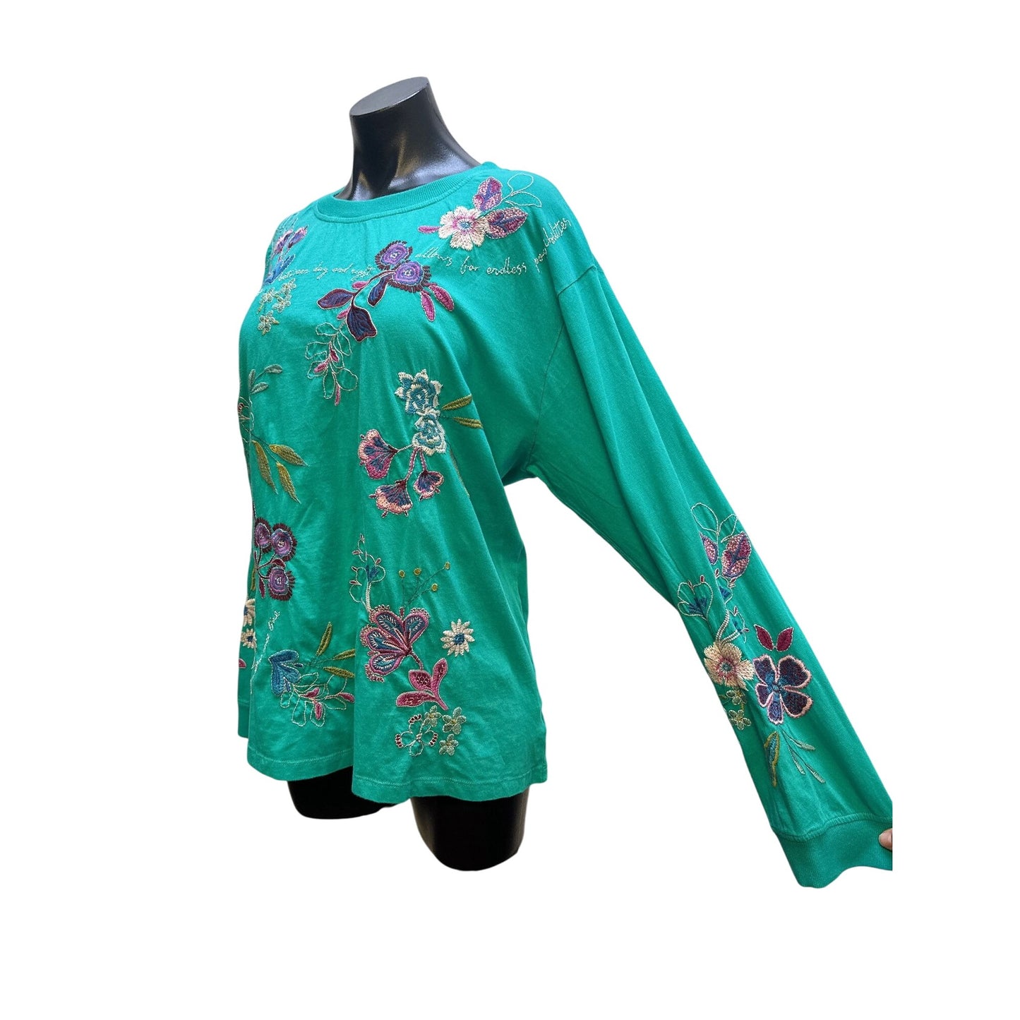 Johnny Was Teal Long Sleeve Floral Embroidered Top w/Inspirational Quotes Size XL