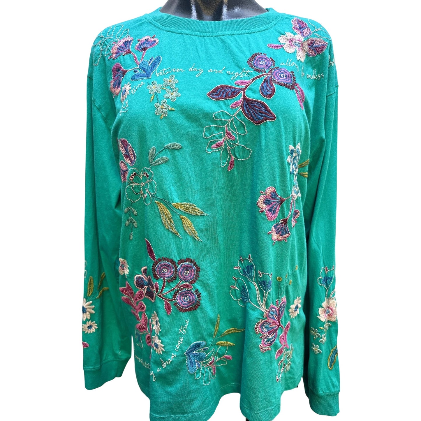 Johnny Was Teal Long Sleeve Floral Embroidered Top w/Inspirational Quotes Size XL