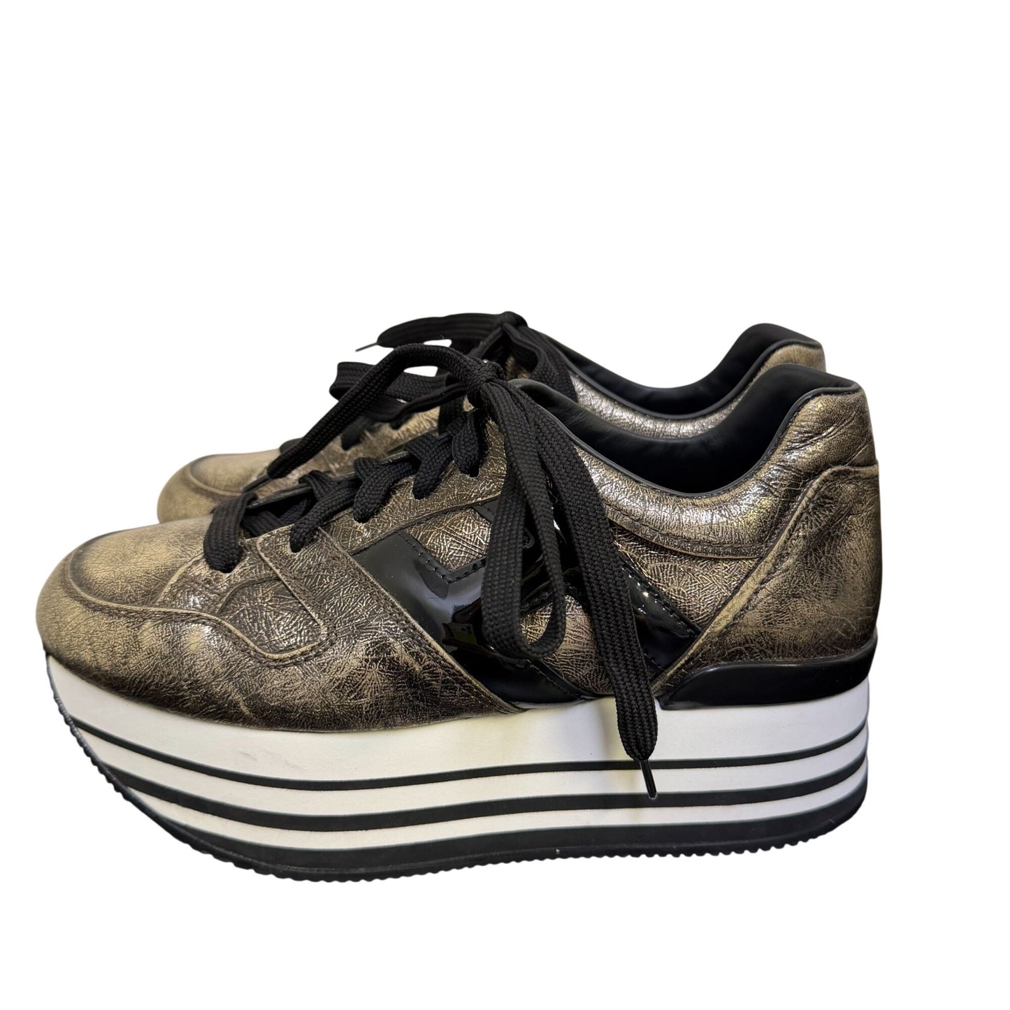 Hogan Gold Platform Sneakers Metallic Leather Size 5.5