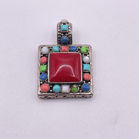 Sterling Silver 925 Pendant With Red Center Stone & Multicolor Accents