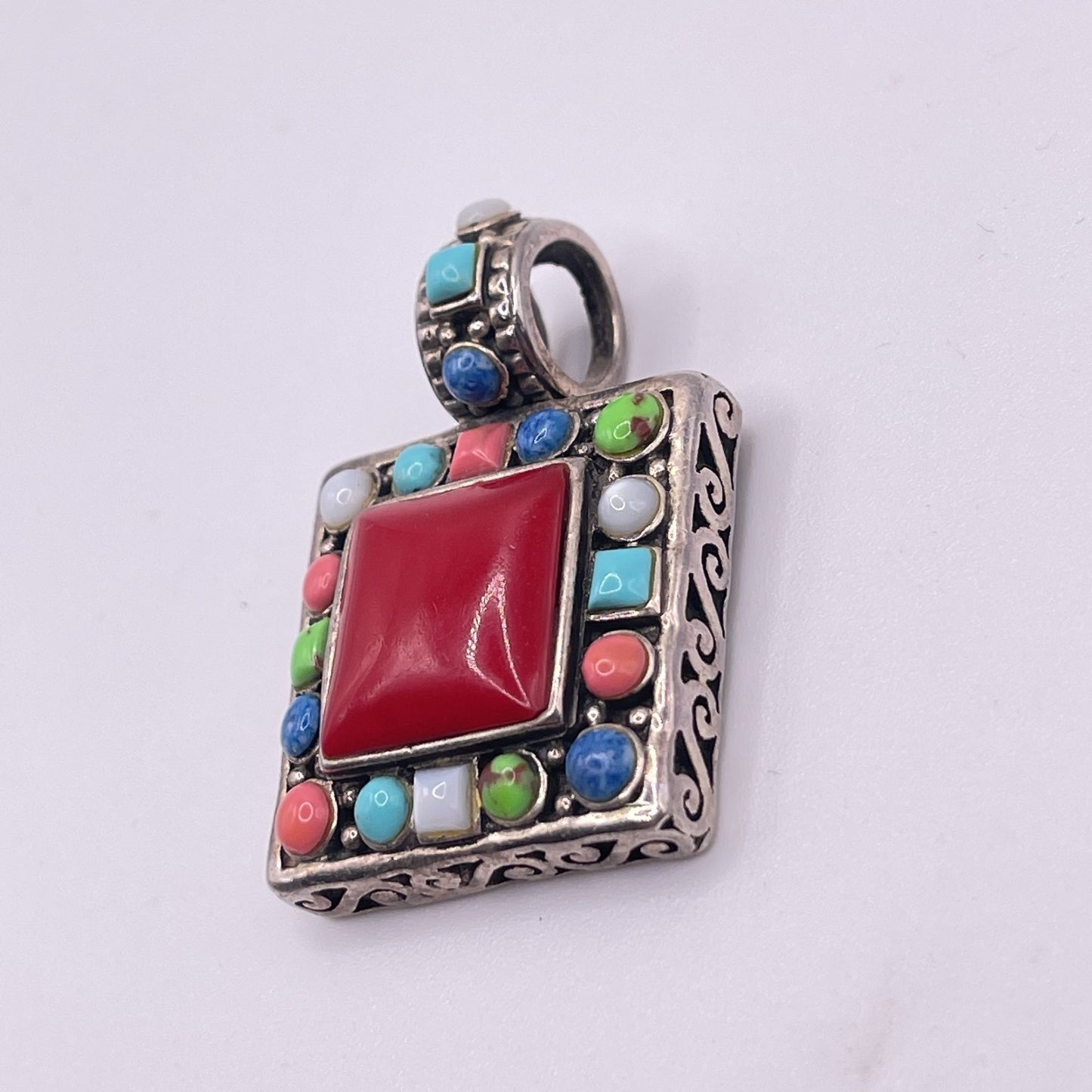 Sterling Silver 925 Pendant With Red Center Stone & Multicolor Accents