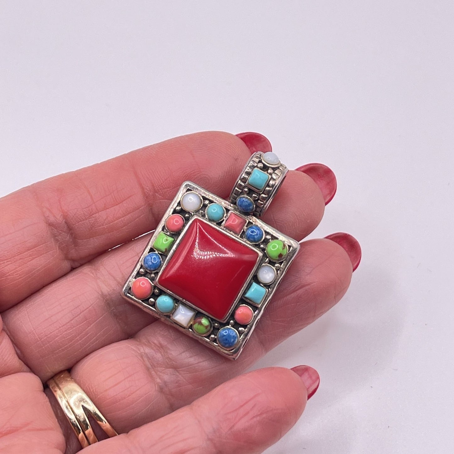Sterling Silver 925 Pendant With Red Center Stone & Multicolor Accents