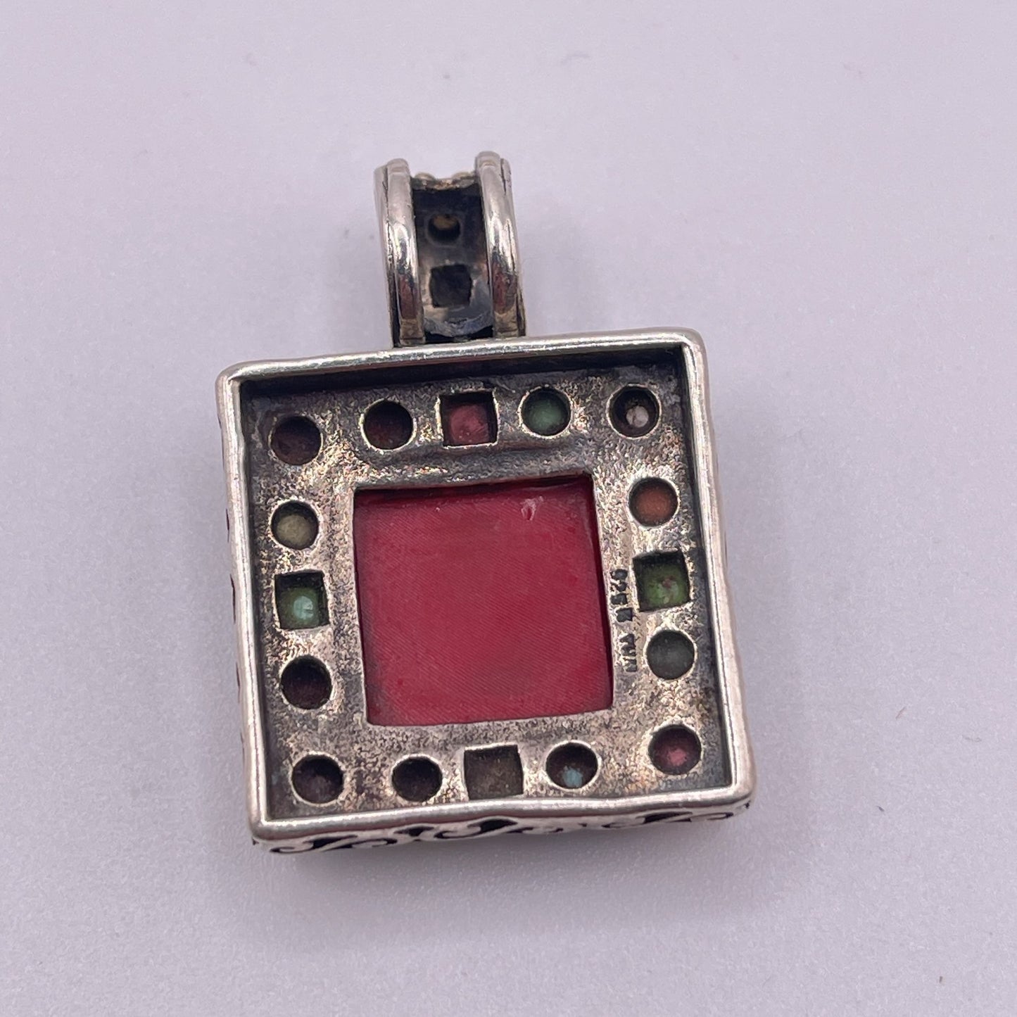 Sterling Silver 925 Pendant With Red Center Stone & Multicolor Accents