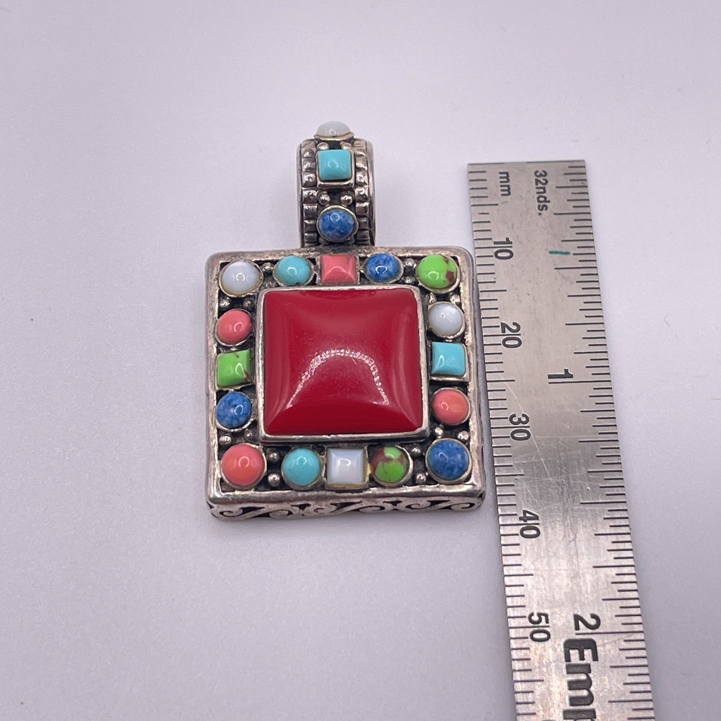 Sterling Silver 925 Pendant With Red Center Stone & Multicolor Accents