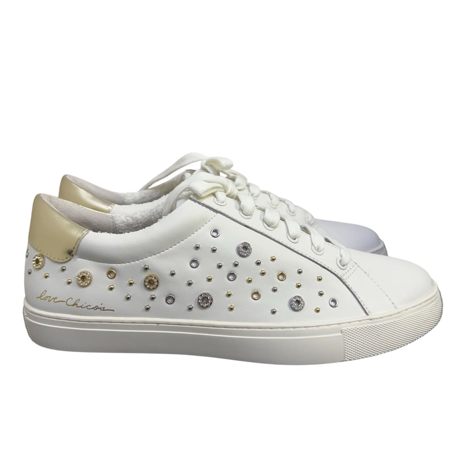Chico's White Love Chicos Sneakers With Gold Metallic Accent 10