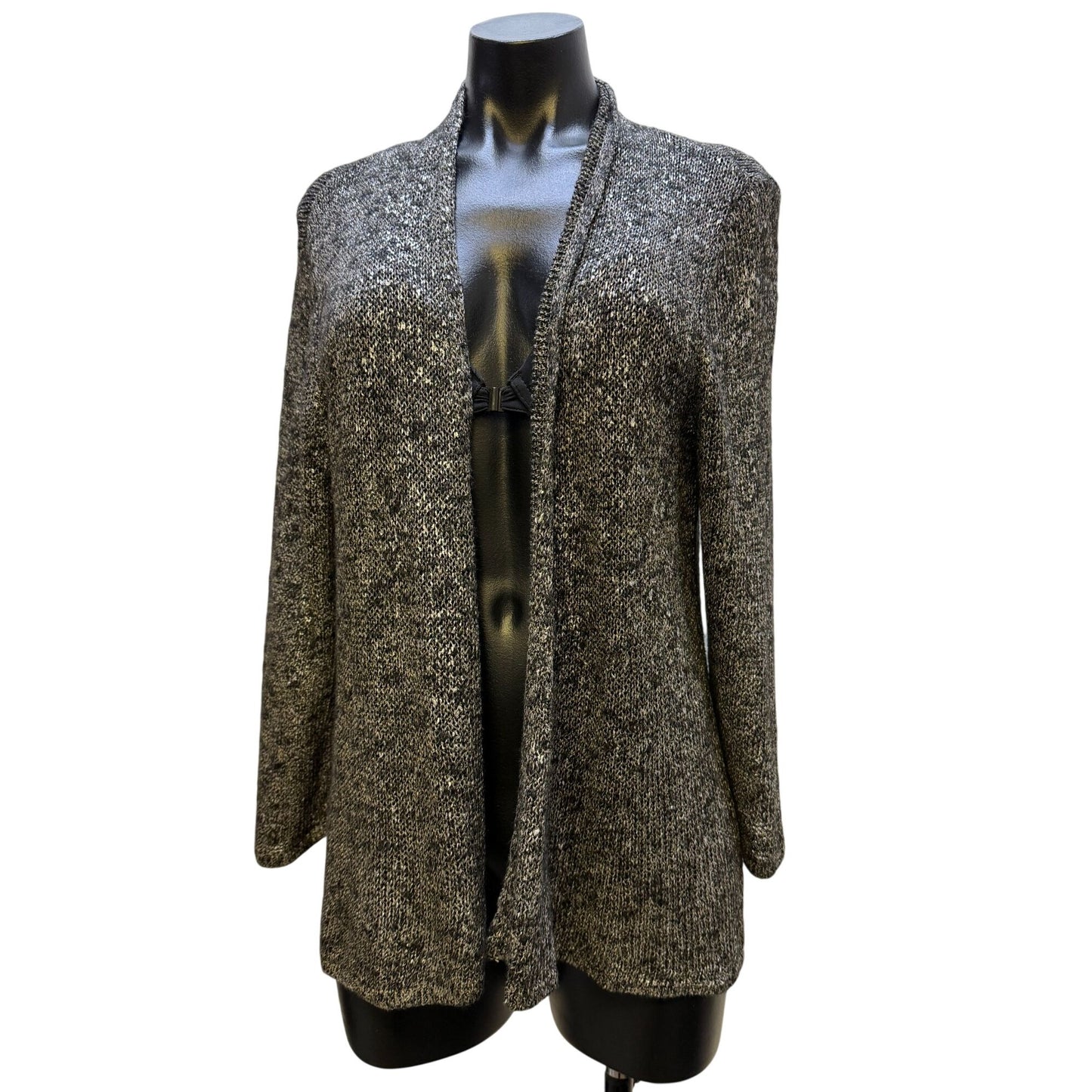 NWT Eileen Fisher Black & Silver Lightweight Shimmer Karma Open Front Cardigan Sweater L