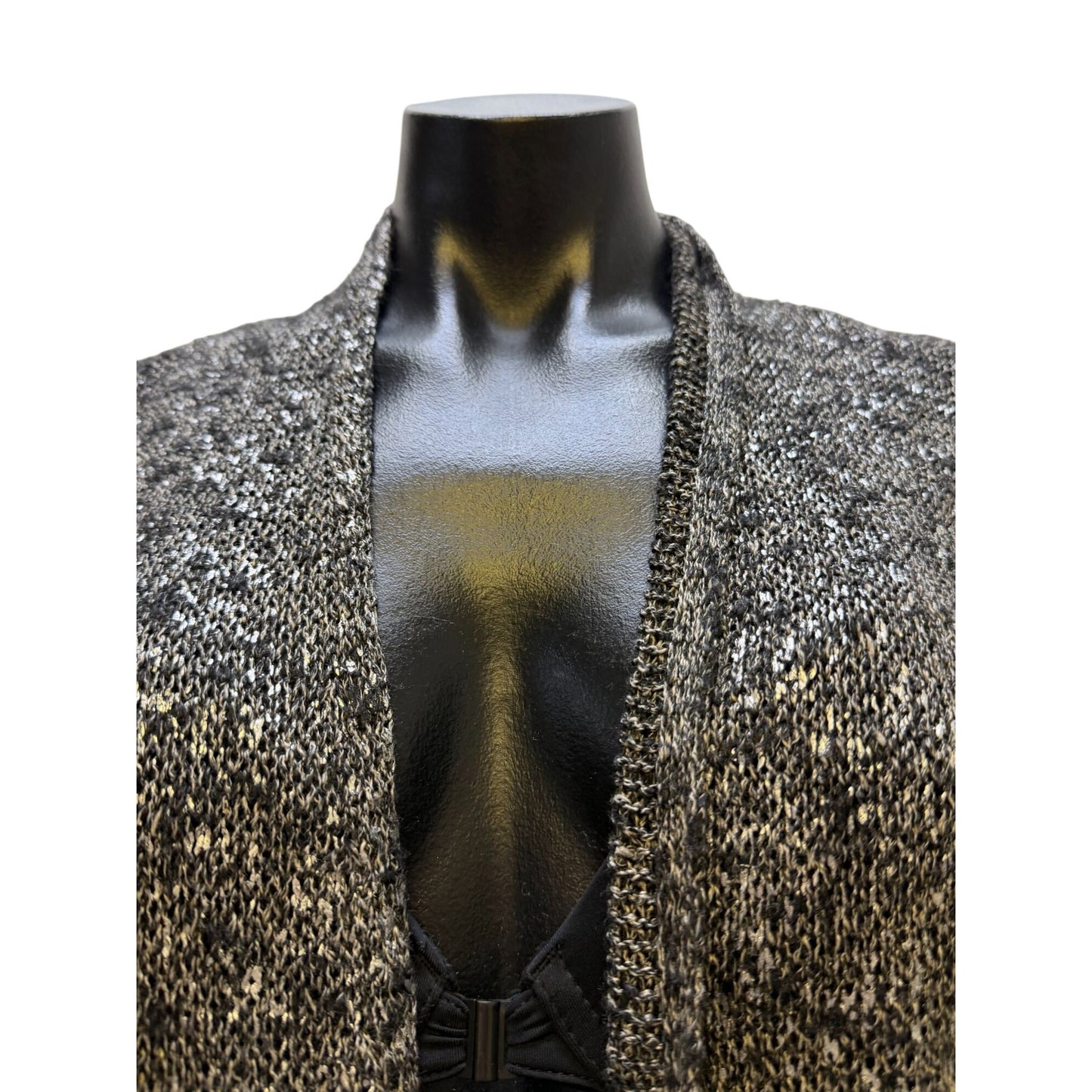 NWT Eileen Fisher Black & Silver Lightweight Shimmer Karma Open Front Cardigan Sweater L