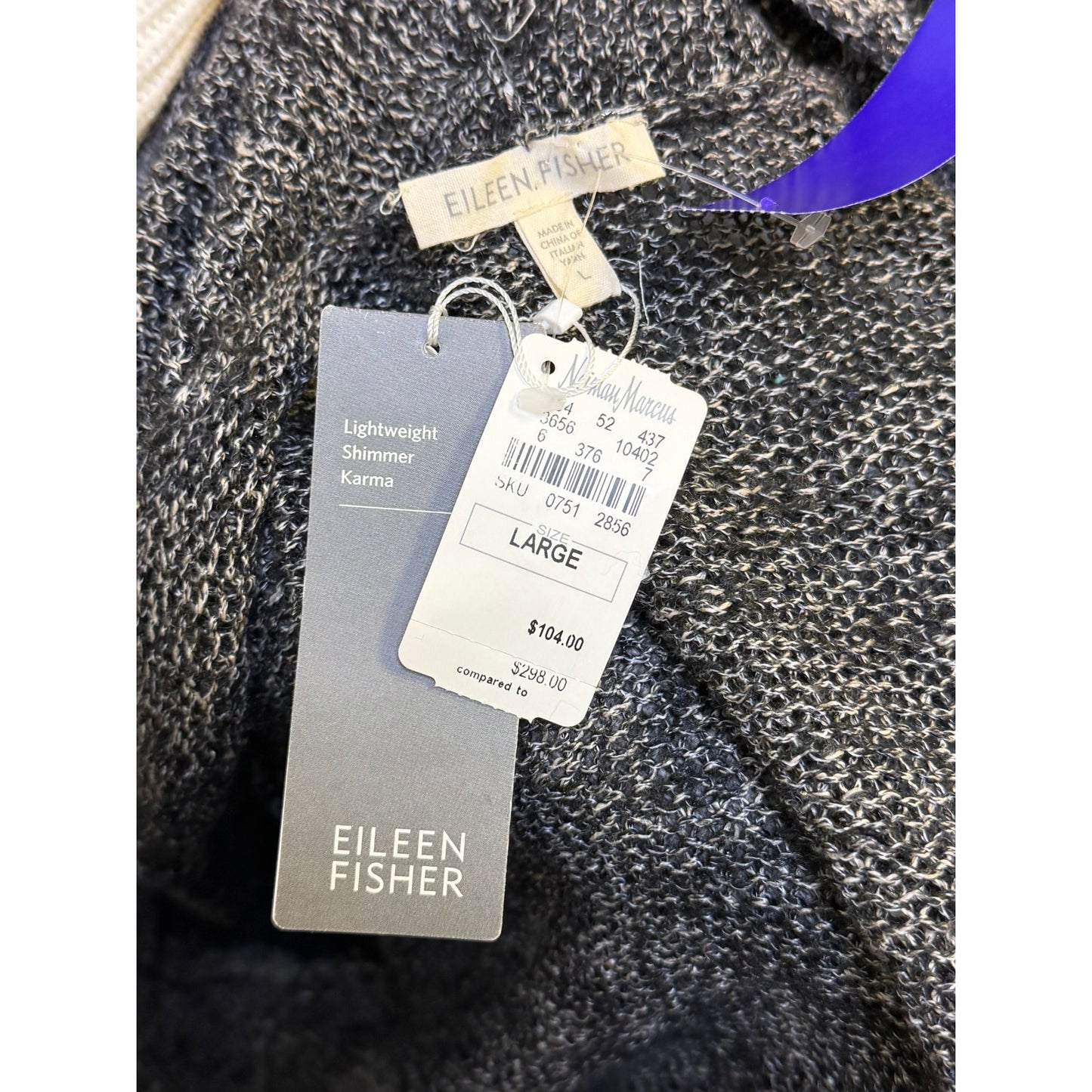 NWT Eileen Fisher Black & Silver Lightweight Shimmer Karma Open Front Cardigan Sweater L