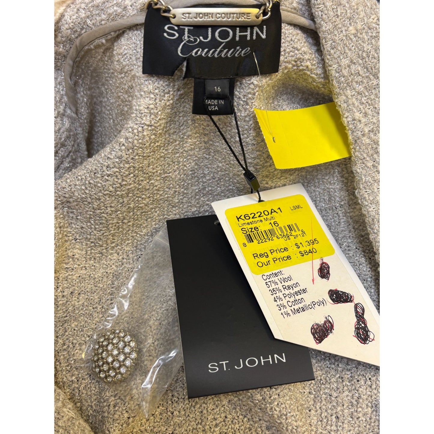 NWT St John Couture Tan Textured Jacket Size 16 Open Front Collar Long Sleeve Blazer