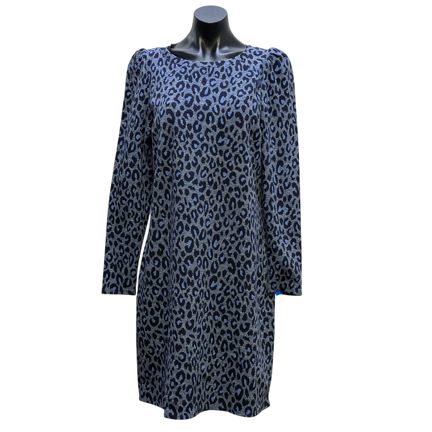 NWT Talbots Blue Navy Leopard Print Long Sleeve Knit Dress L